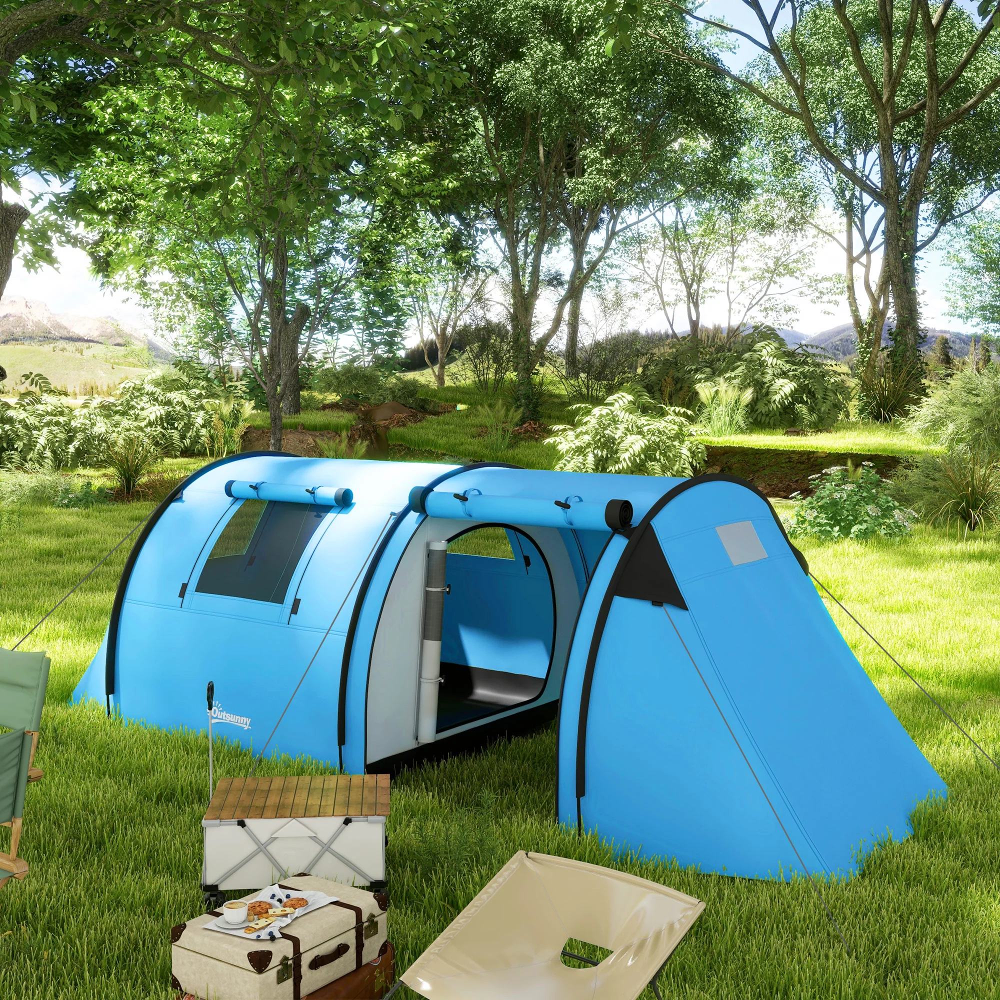 Outsunny 2 Room Camping Family Tent for 3-4 Man, 3000mm Waterproof, Sky Blue - Image 2