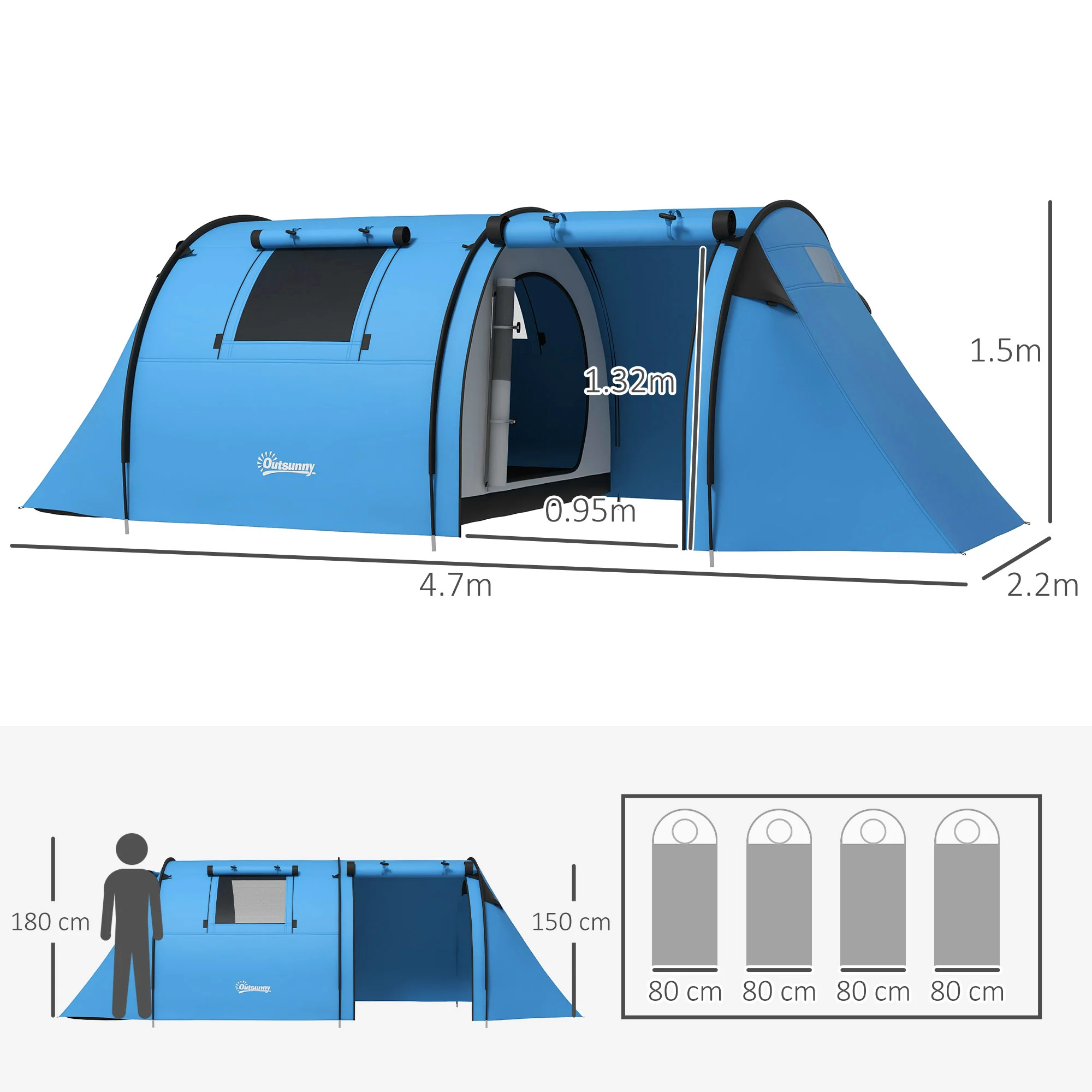 Outsunny 2 Room Camping Family Tent for 3-4 Man, 3000mm Waterproof, Sky Blue - Image 5
