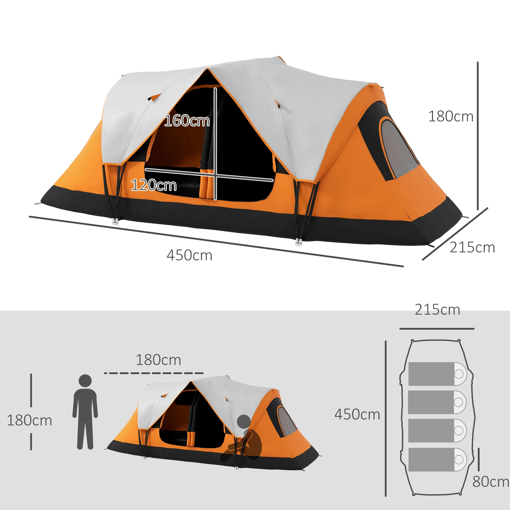 Outsunny 2 Room Camping Tent with Waterproof Rainfly & Screen Panels Orange - Image 14