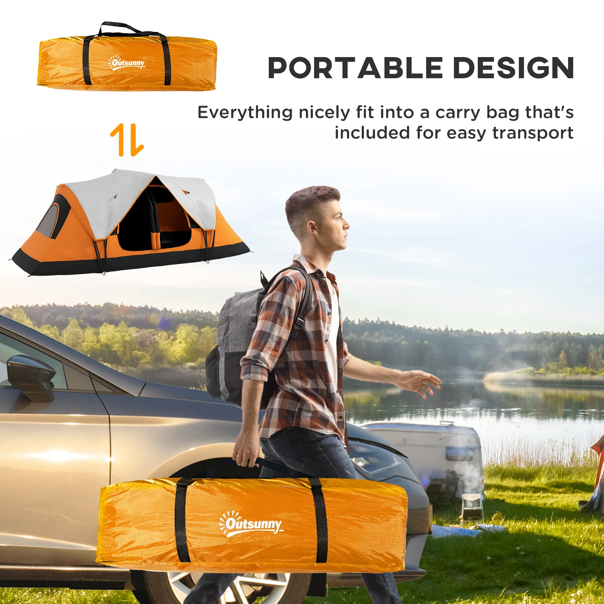 Outsunny 2 Room Camping Tent with Waterproof Rainfly & Screen Panels Orange - Image 16