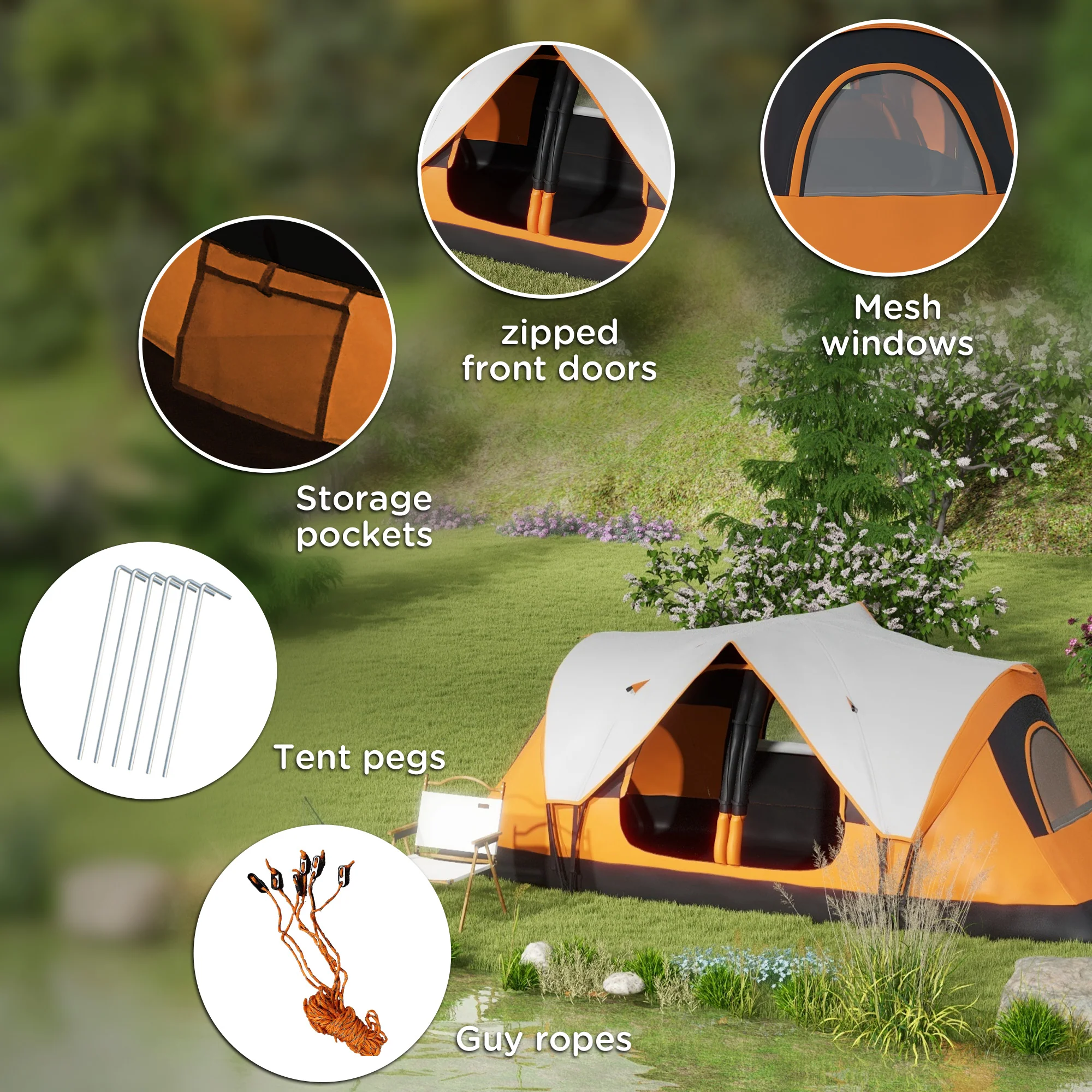Outsunny 2 Room Camping Tent with Waterproof Rainfly & Screen Panels Orange - Image 17