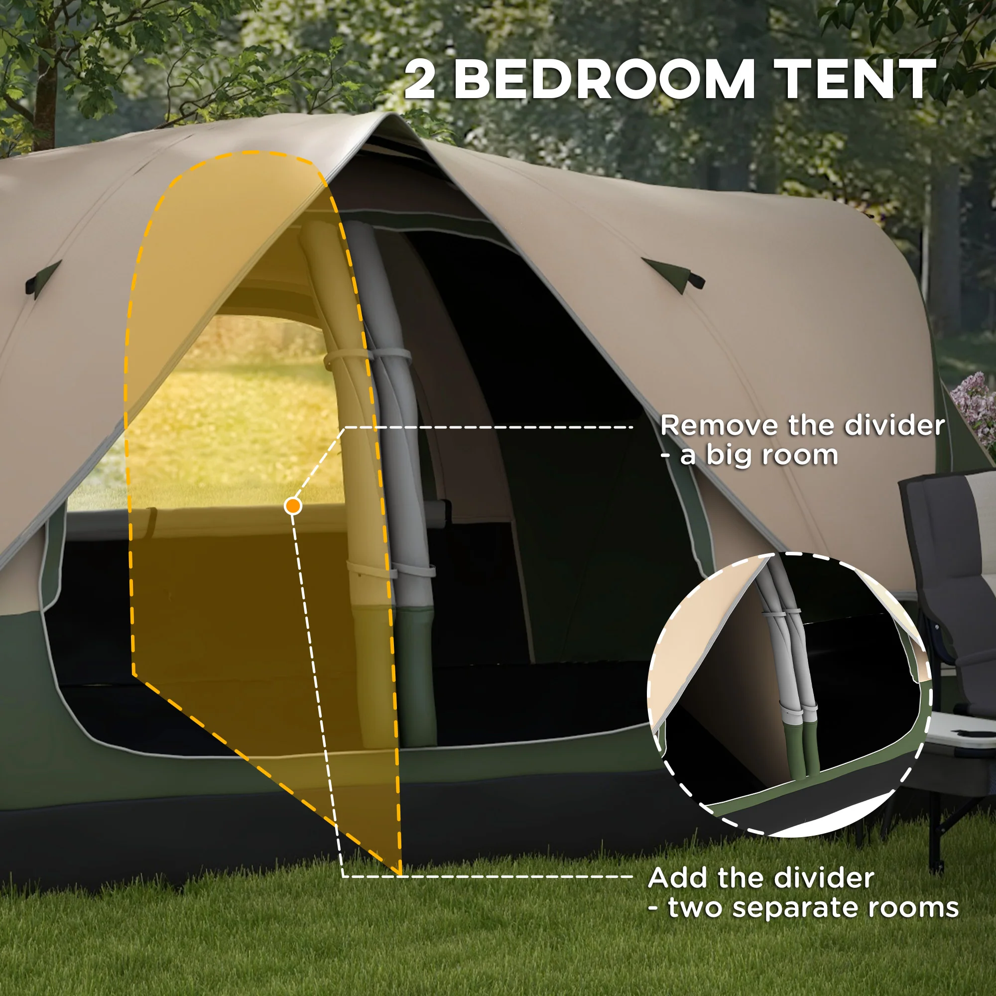 Outsunny 2 Room Camping Tent with Waterproof Rainfly & Screen Panels Orange - Image 4
