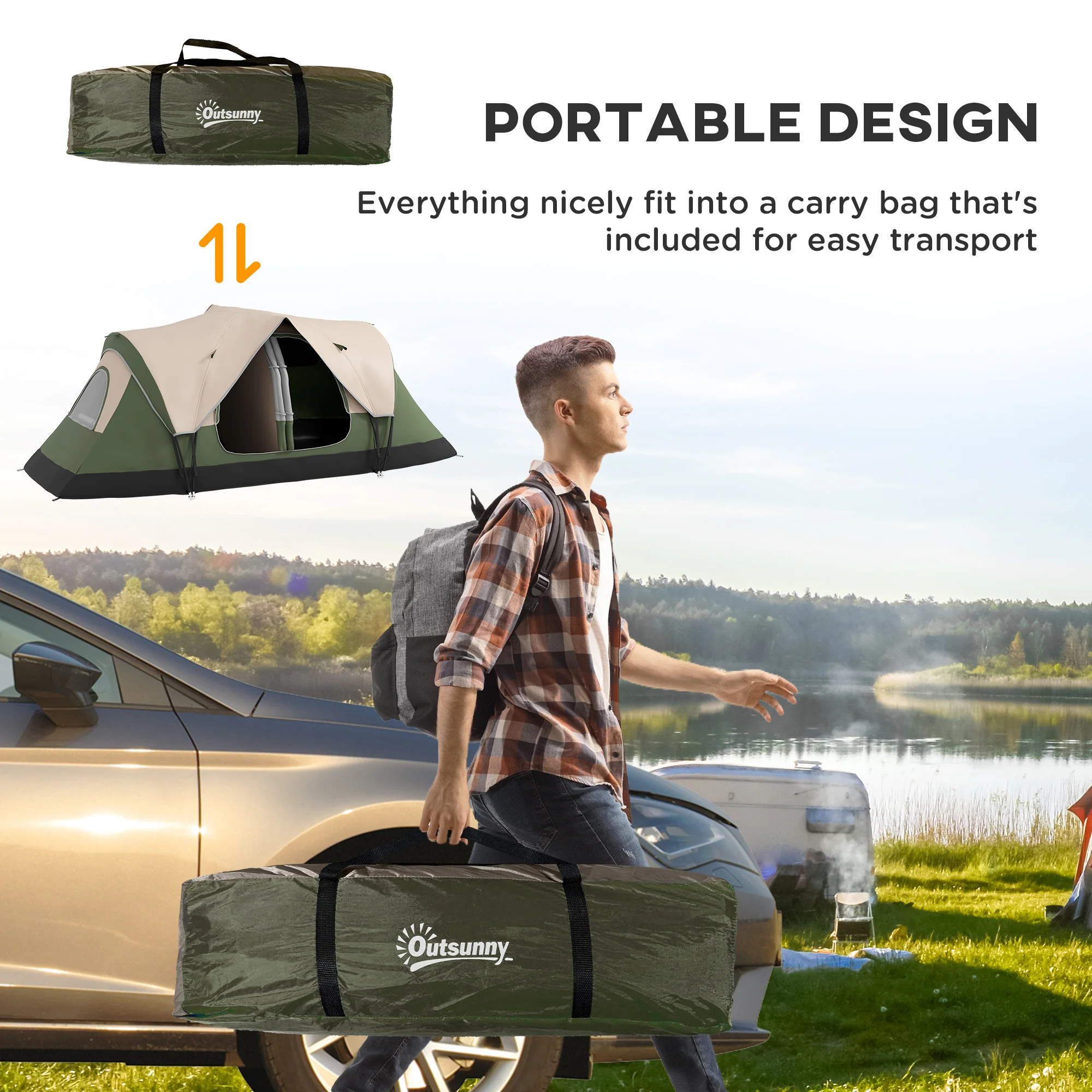 Outsunny 2 Room Camping Tent with Waterproof Rainfly & Screen Panels Orange - Image 7