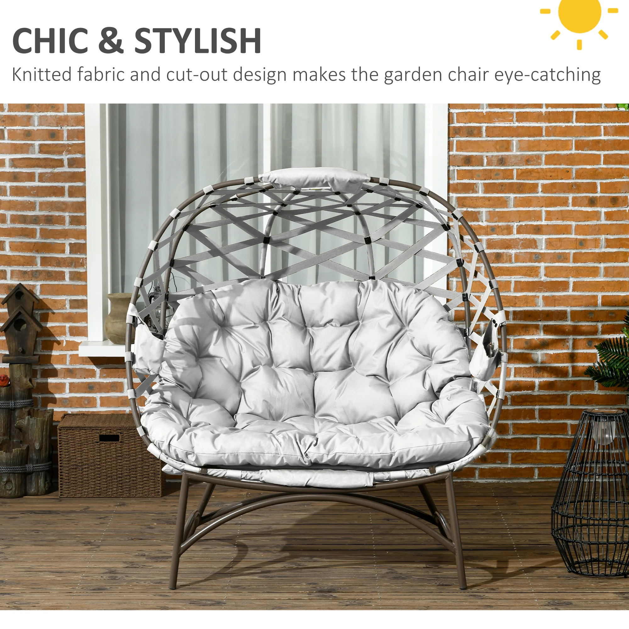 Outsunny 2 Seater Egg Chair Outdoor With Cushion, Cup Pockets - Image 12
