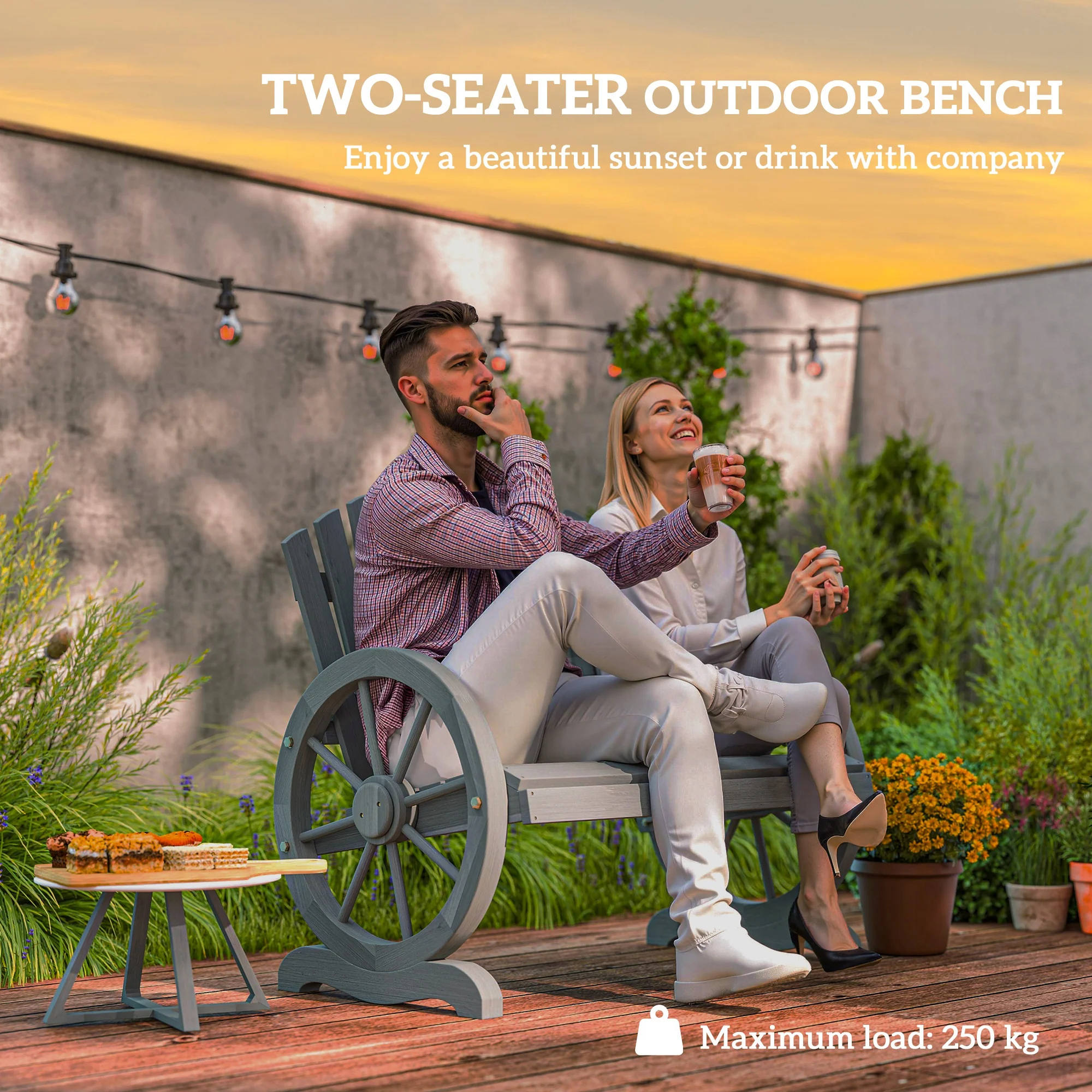 Outsunny 2 Seater Garden Bench w/ Wheel-Shaped Armrests Grey - Image 3