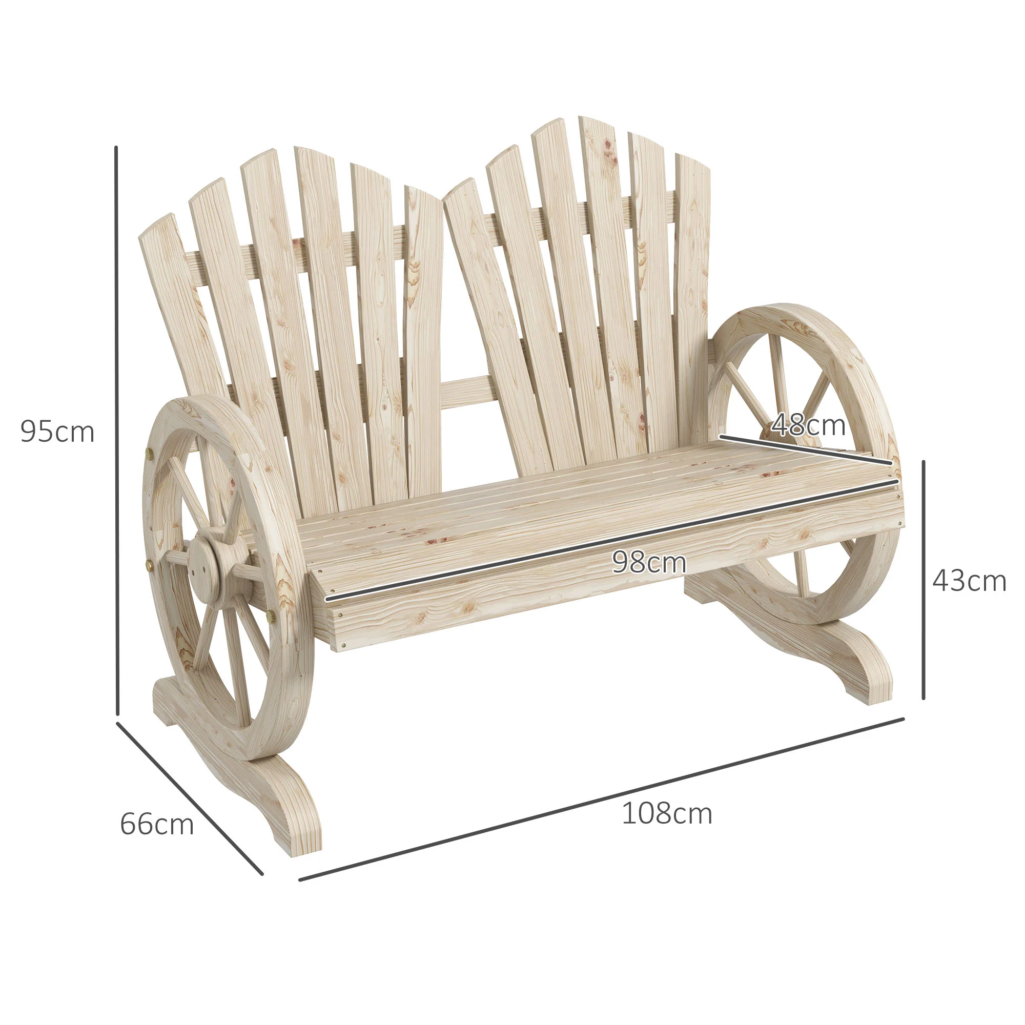 Outsunny 2 Seater Garden Bench w/ Wheel-Shaped Armrests Natural Wood - Image 3