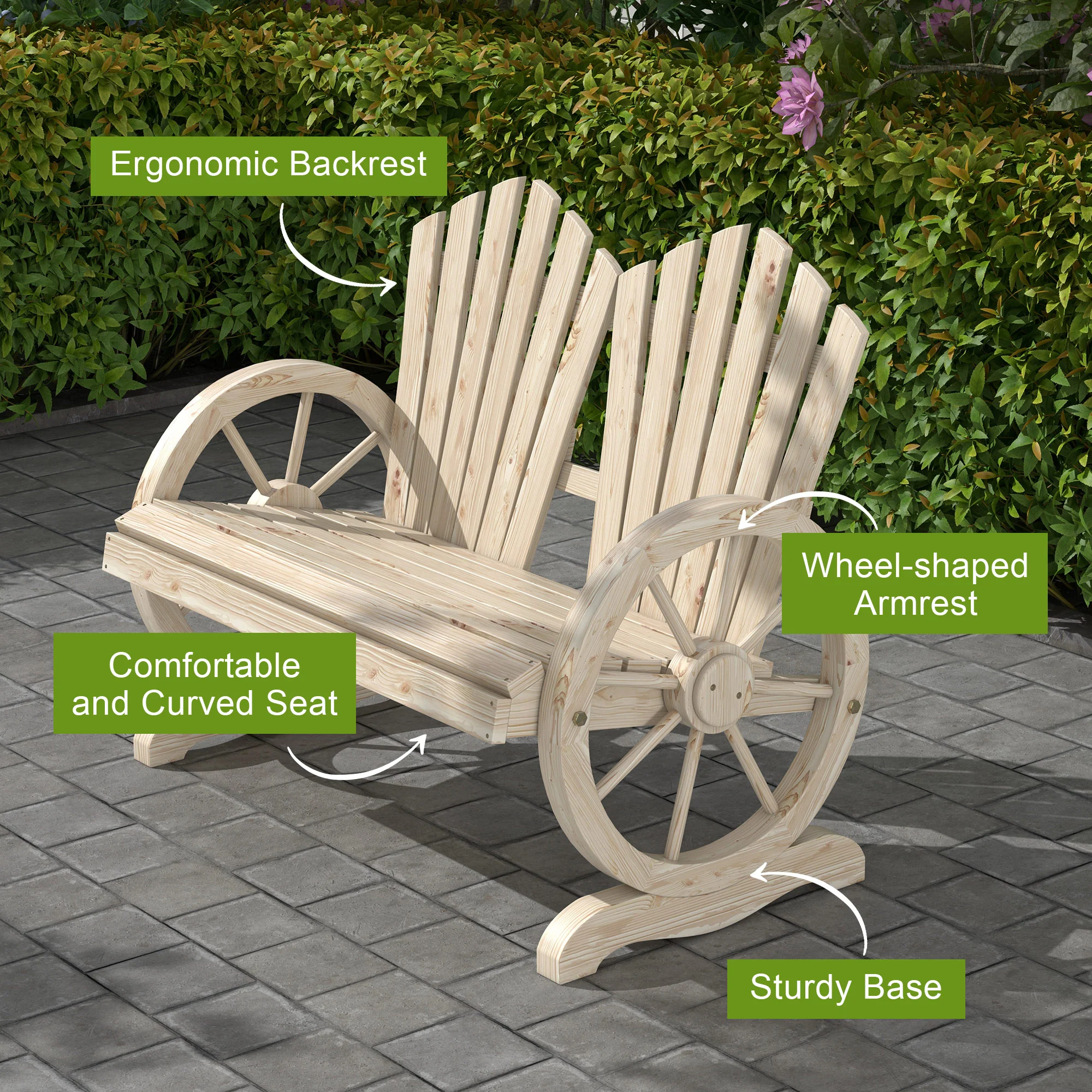 Outsunny 2 Seater Garden Bench w/ Wheel-Shaped Armrests Natural Wood - Image 4