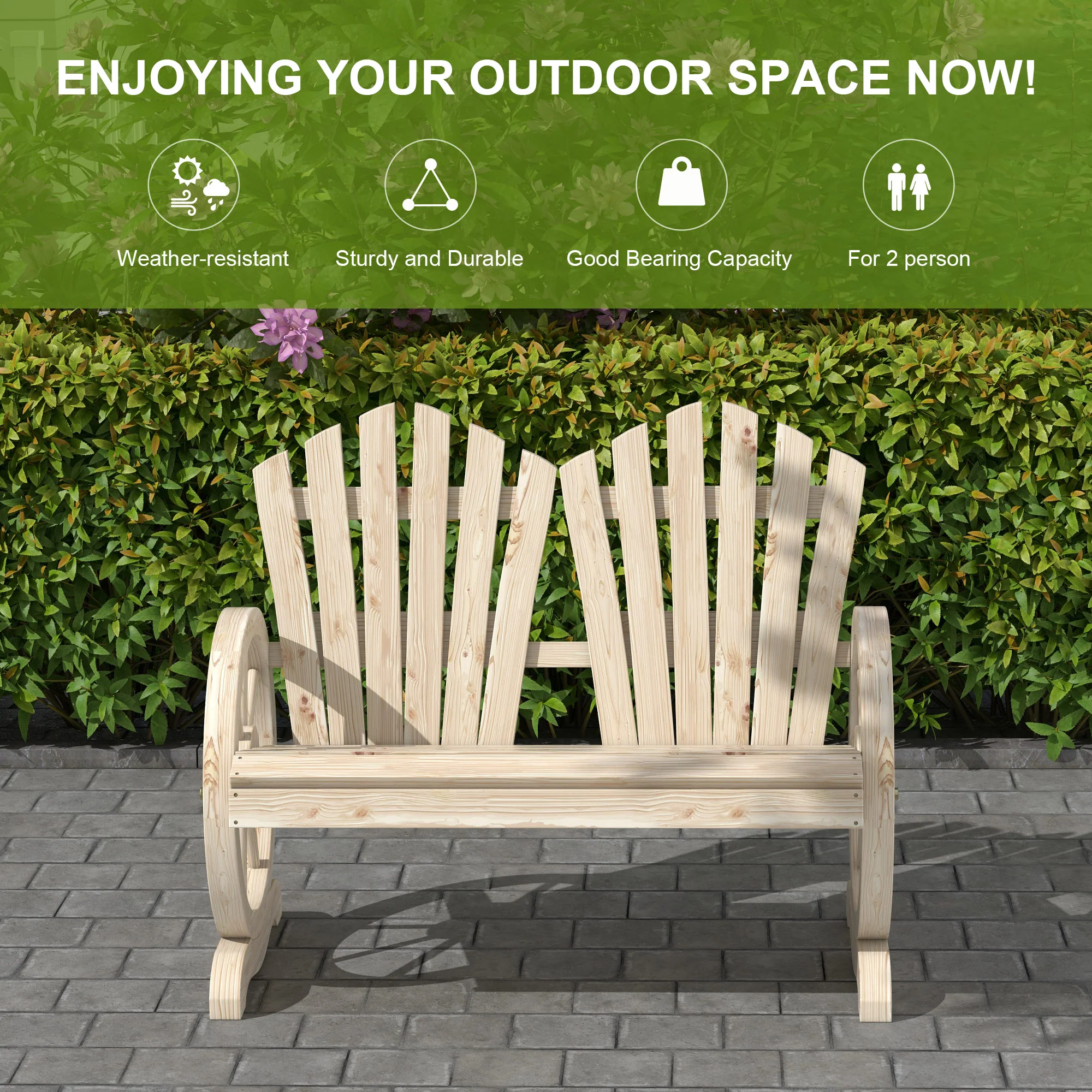 Outsunny 2 Seater Garden Bench w/ Wheel-Shaped Armrests Natural Wood - Image 6