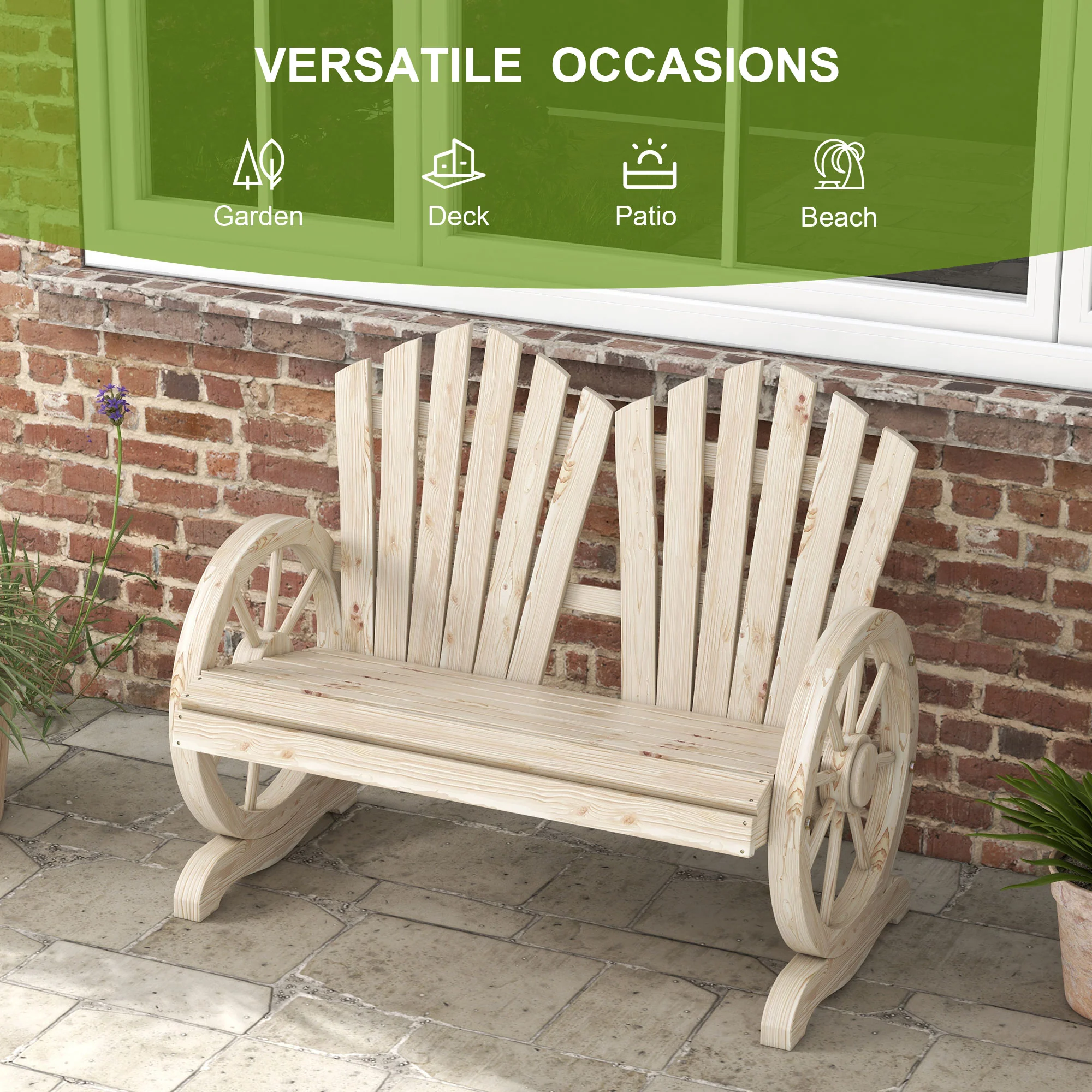 Outsunny 2 Seater Garden Bench w/ Wheel-Shaped Armrests Natural Wood - Image 7