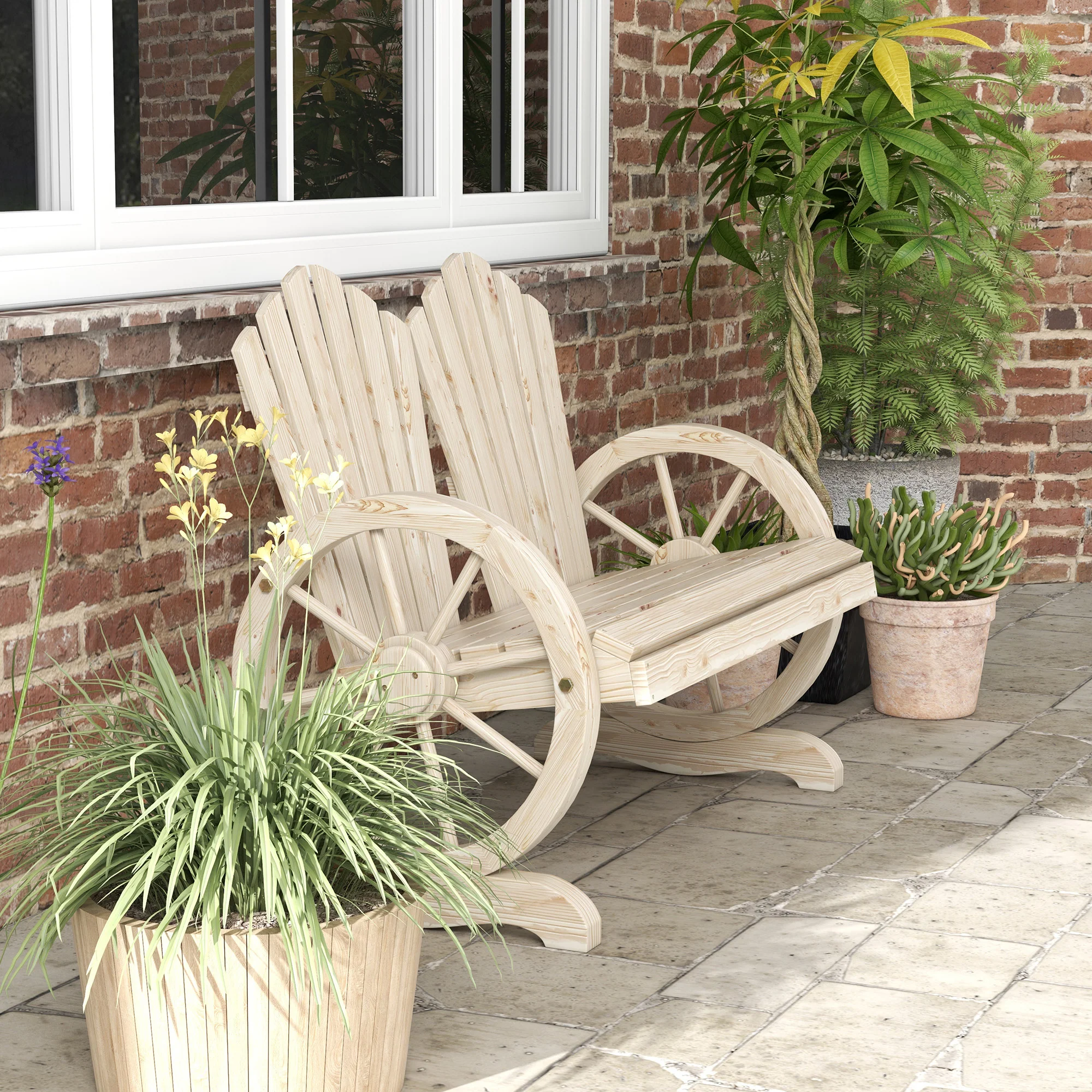 Outsunny 2 Seater Garden Bench w/ Wheel-Shaped Armrests Natural Wood - Image 8
