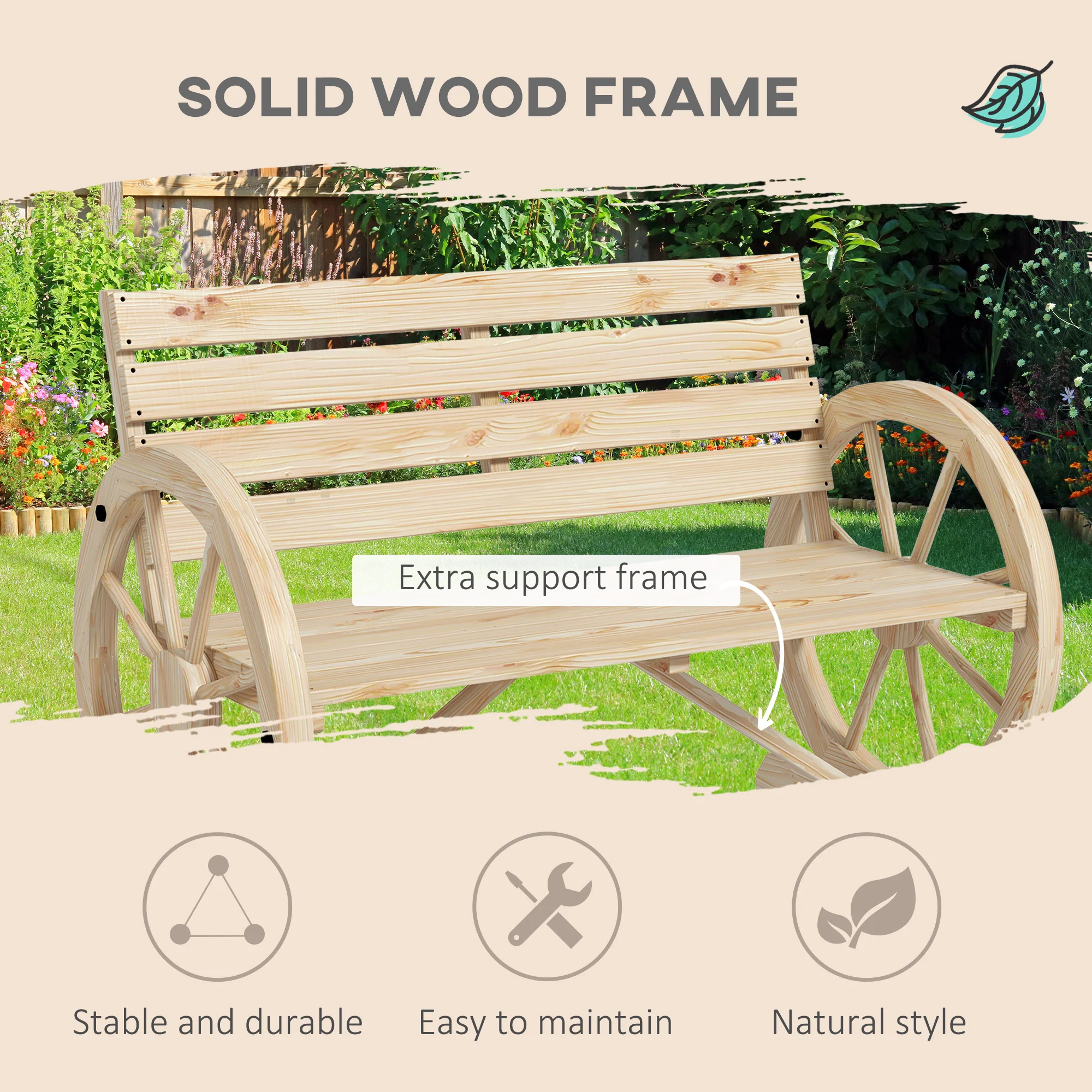 Outsunny 2 Seater Garden Bench W/ Wooden Cart Wagon Wheel Natural - Image 3