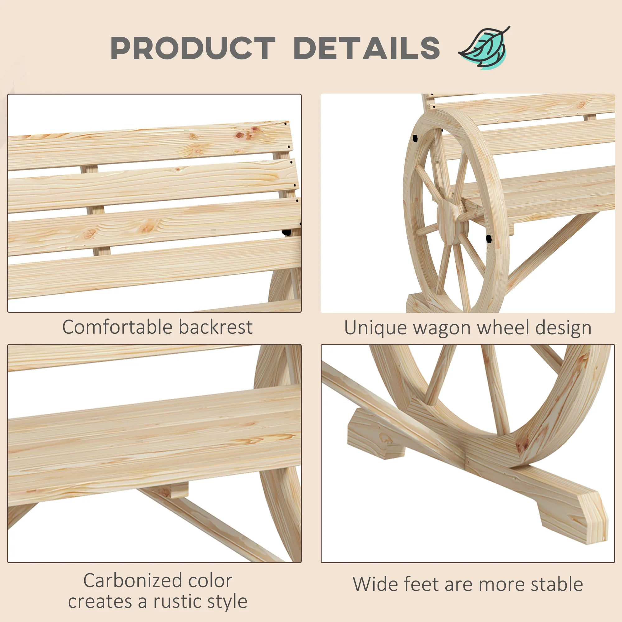 Outsunny 2 Seater Garden Bench W/ Wooden Cart Wagon Wheel Natural - Image 4