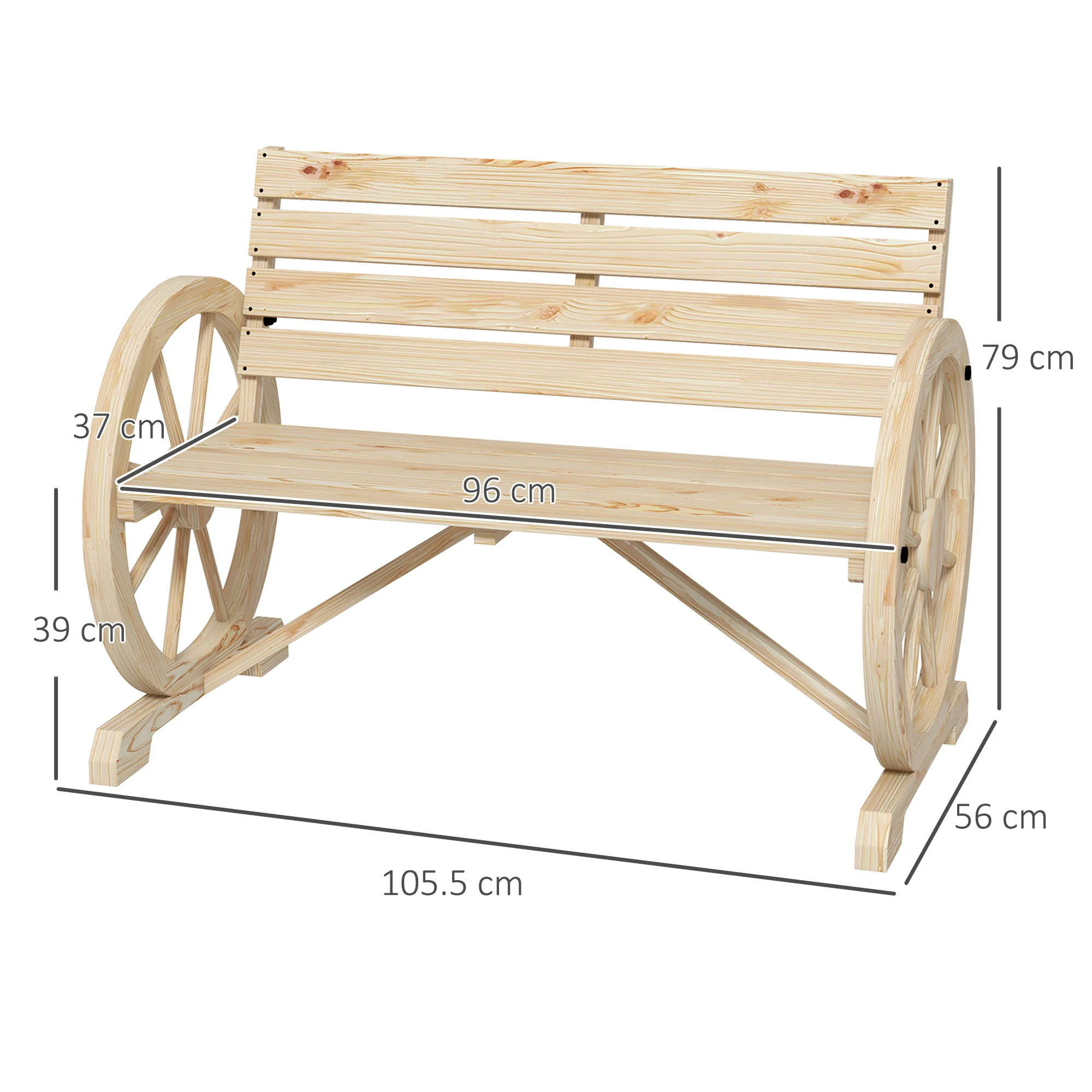 Outsunny 2 Seater Garden Bench W/ Wooden Cart Wagon Wheel Natural - Image 5