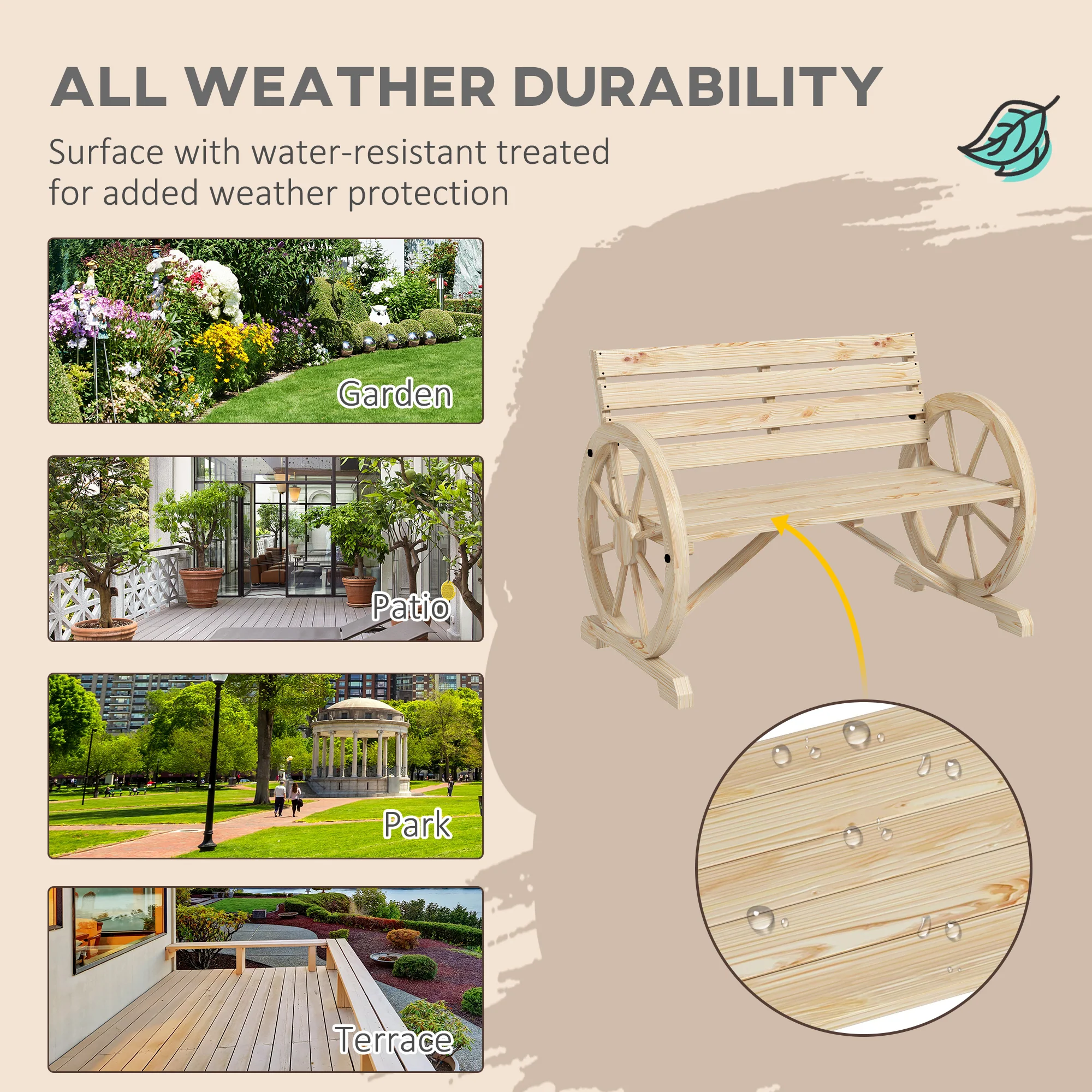 Outsunny 2 Seater Garden Bench W/ Wooden Cart Wagon Wheel Natural - Image 6