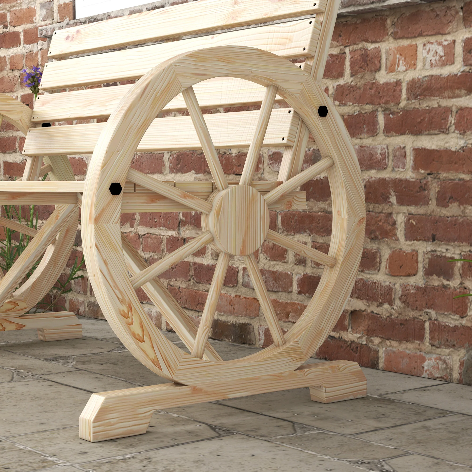 Outsunny 2 Seater Garden Bench W/ Wooden Cart Wagon Wheel Natural - Image 9