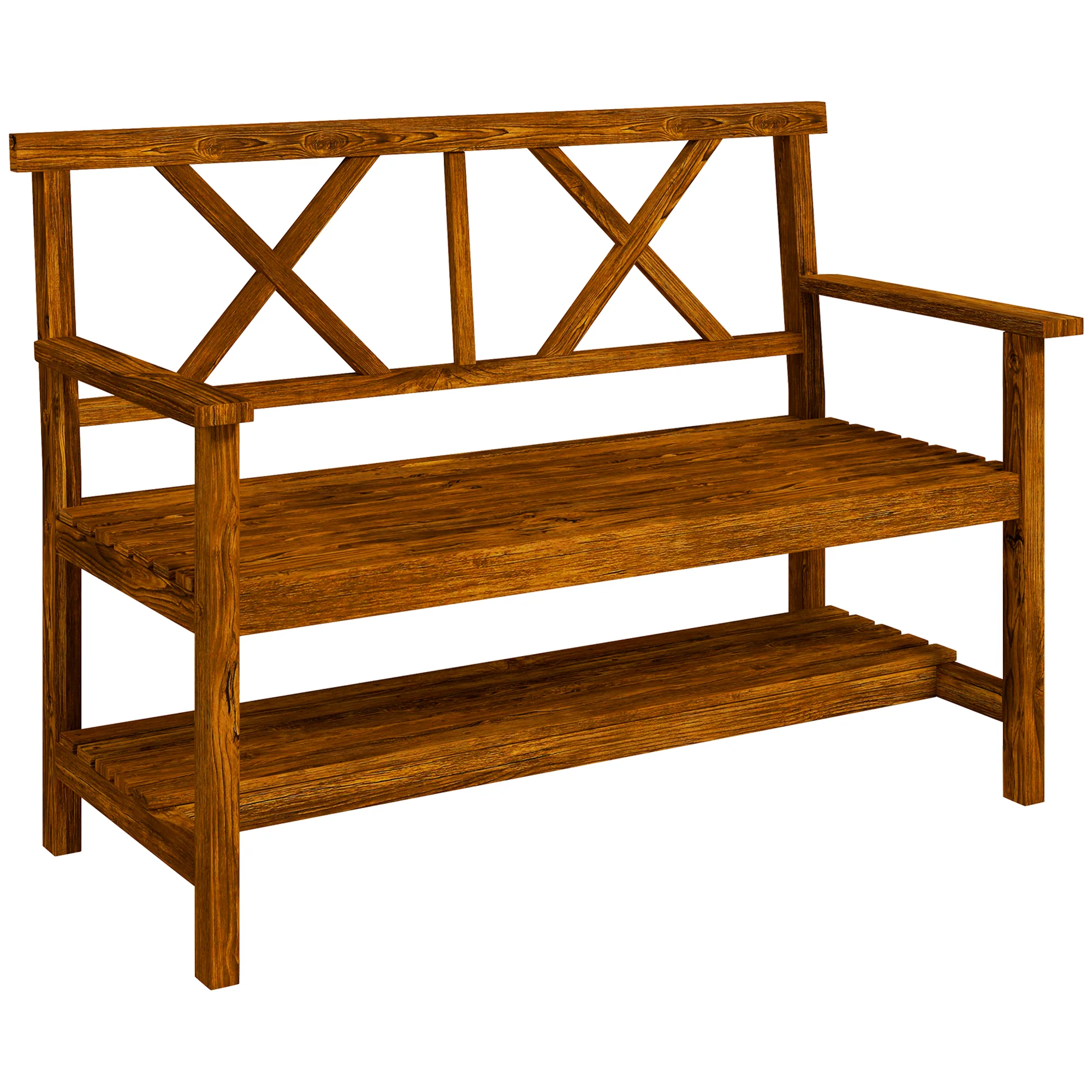 Outsunny 2-Seater Garden Bench Wooden Outdoor Bench w/ Storage Shelf Carbonized