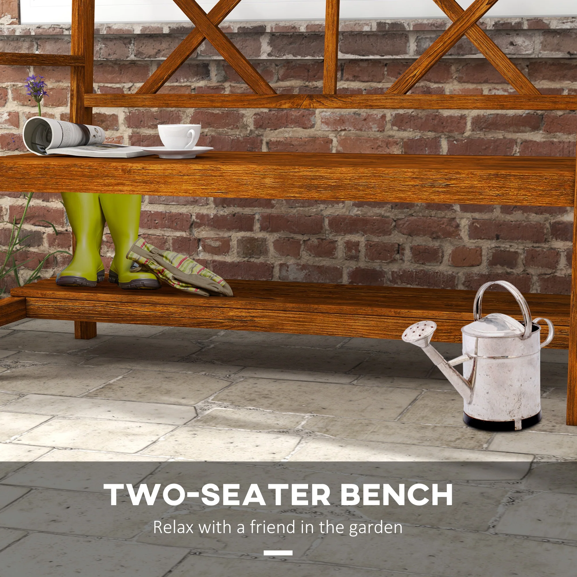 Outsunny 2-Seater Garden Bench Wooden Outdoor Bench w/ Storage Shelf Carbonized - Image 4