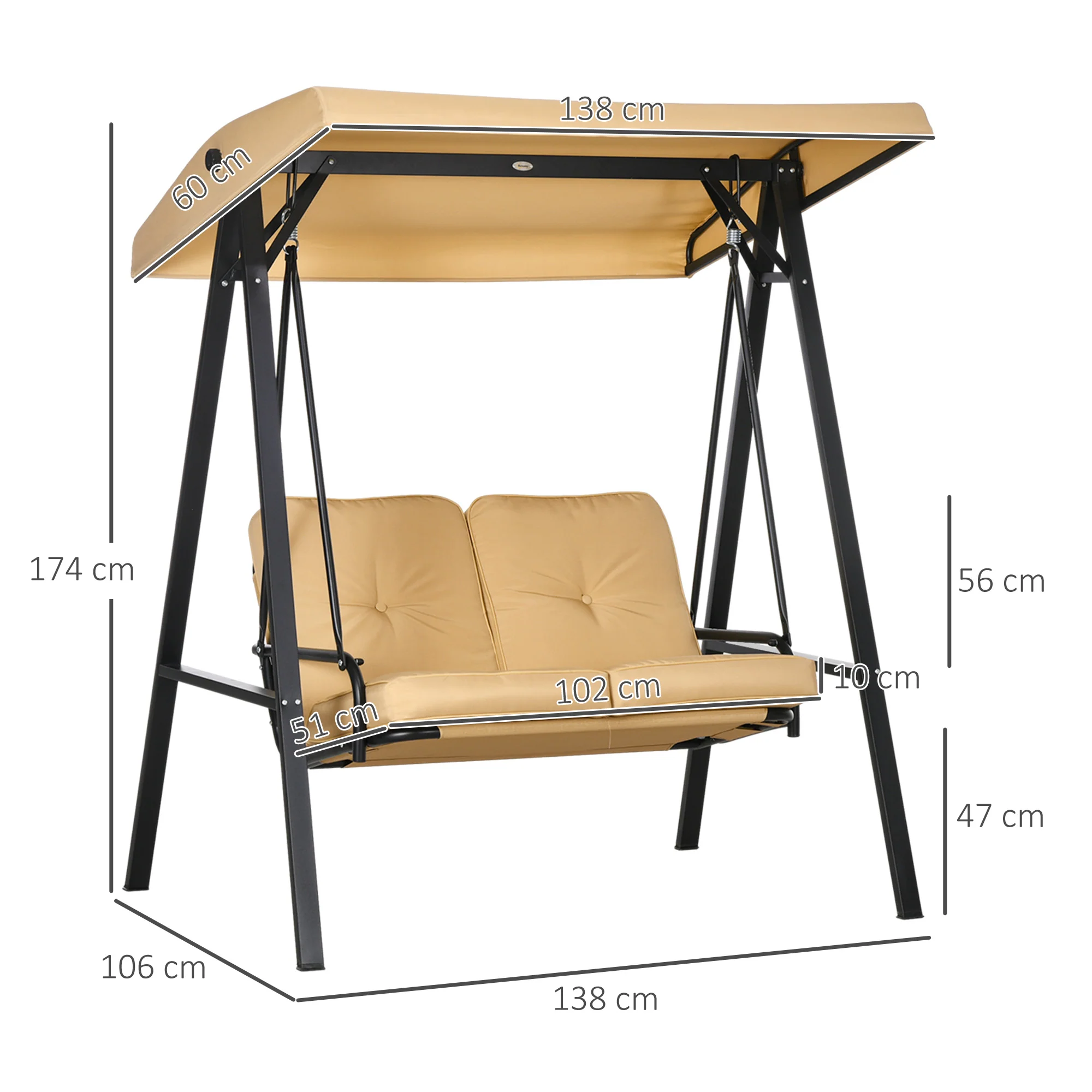Outsunny 2 Seater Garden Outdoor Swing Chair Hammock W/ Adjustable Canopy - Image 5