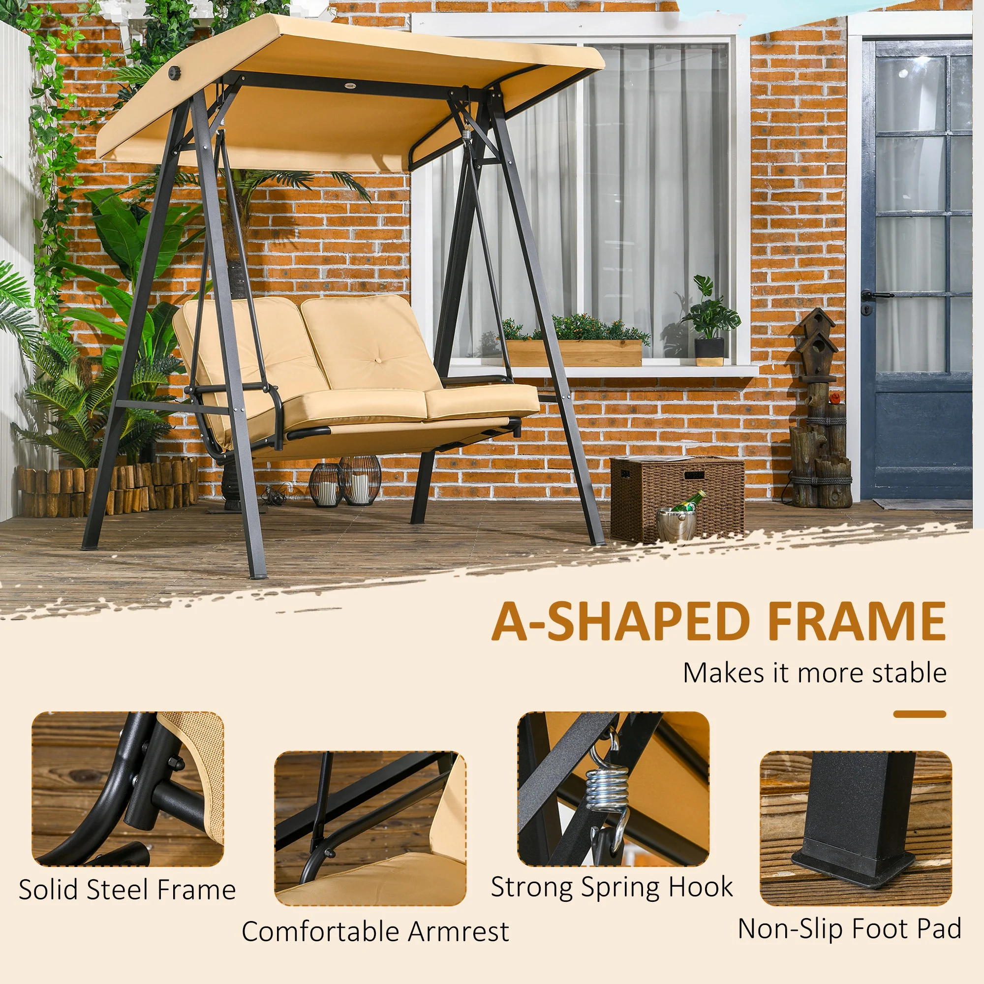 Outsunny 2 Seater Garden Outdoor Swing Chair Hammock W/ Adjustable Canopy - Image 6