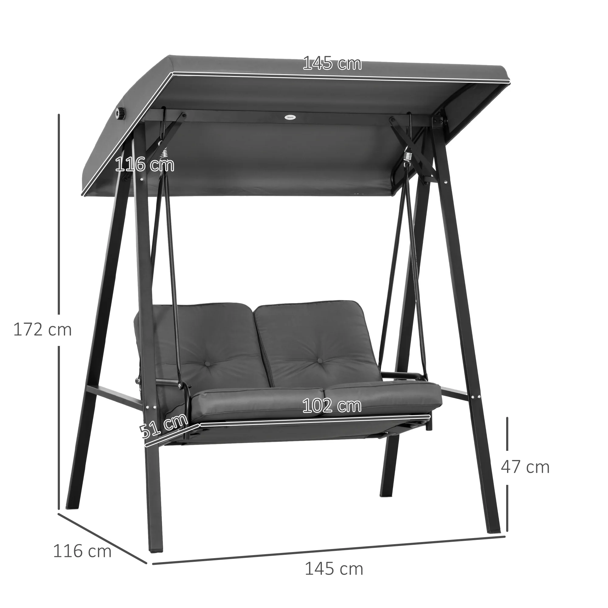 Outsunny 2 Seater Garden Outdoor Swing Chair Hammock w/ Adjustable Canopy - Image 5
