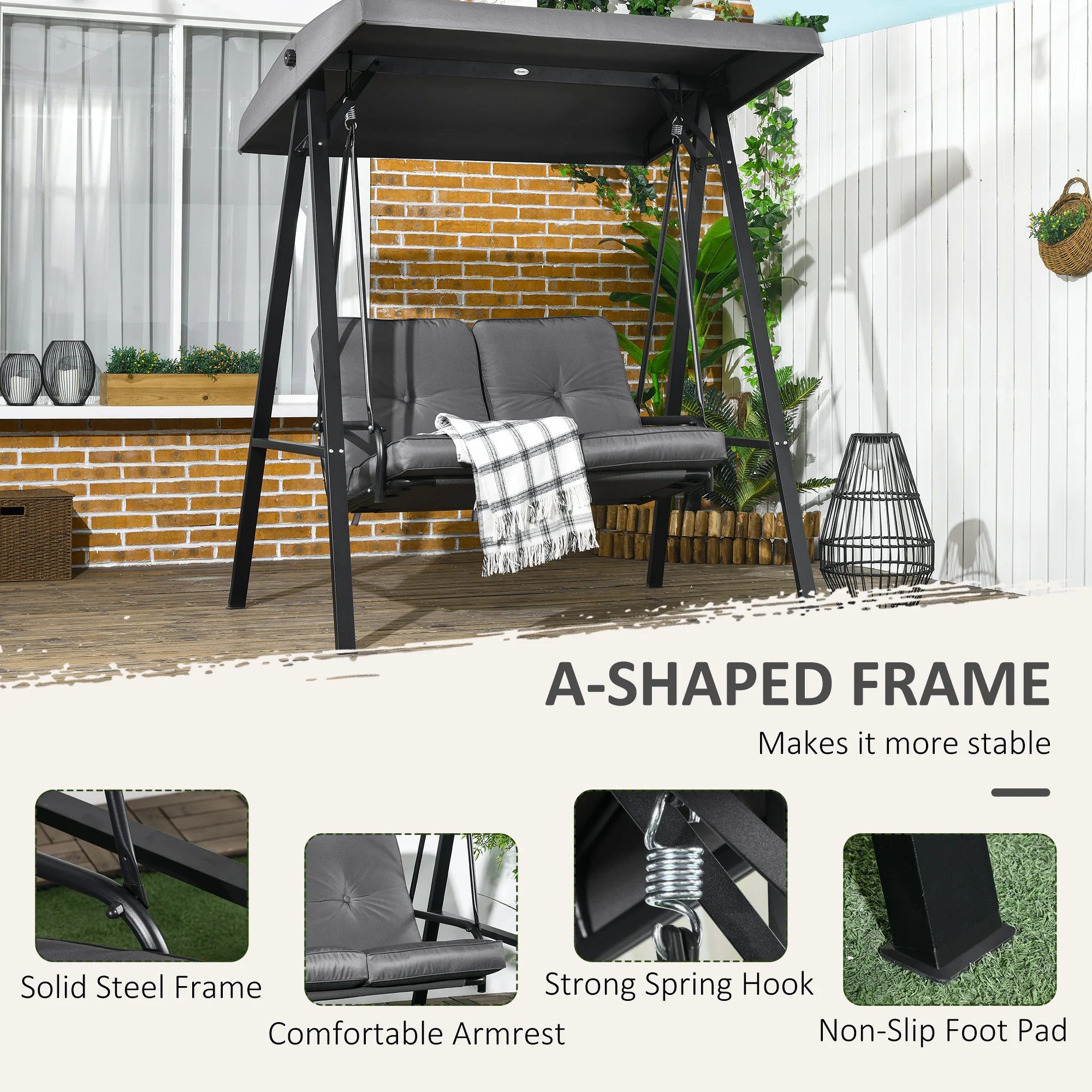 Outsunny 2 Seater Garden Outdoor Swing Chair Hammock w/ Adjustable Canopy - Image 6
