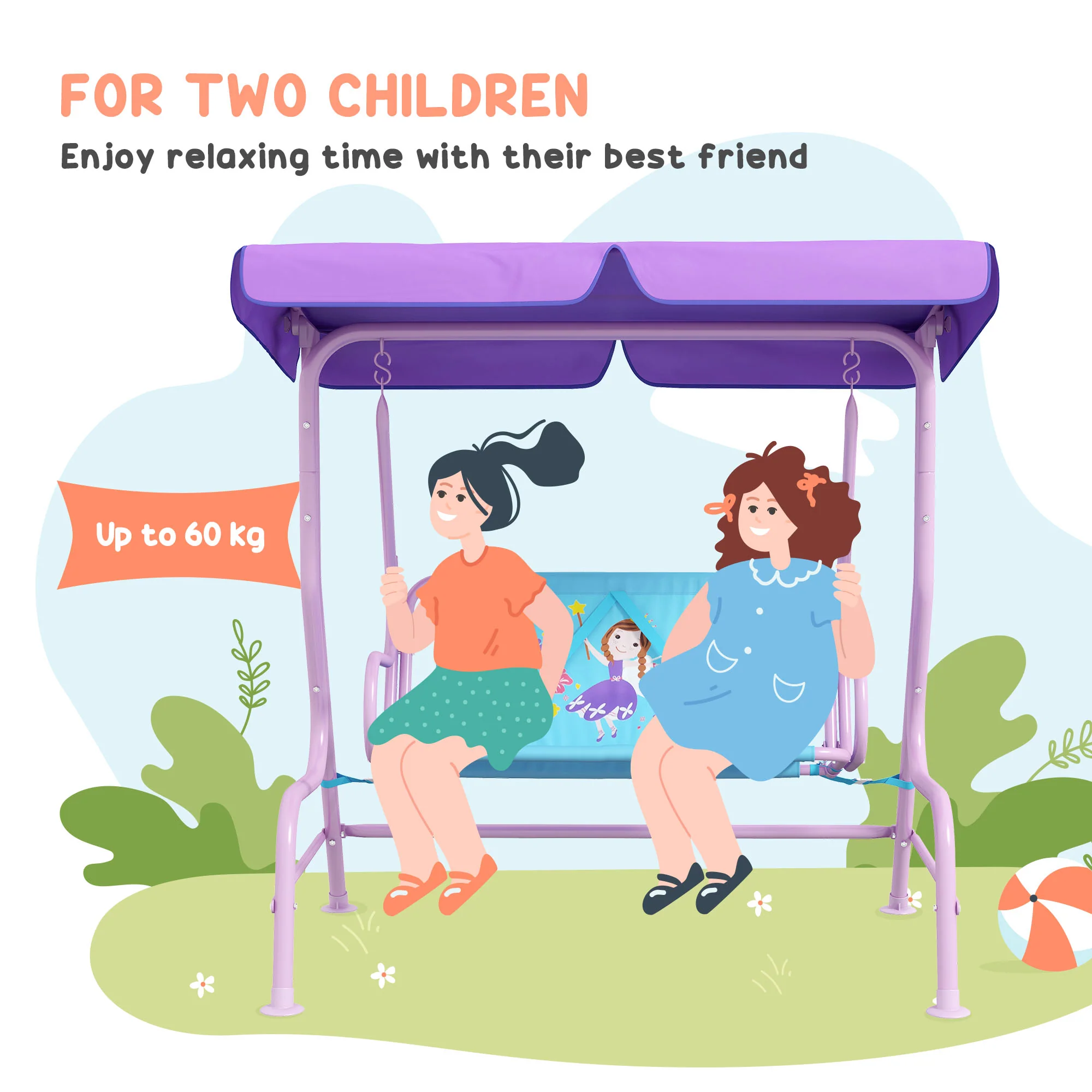Outsunny 2 Seater Kids Swing Chair, Fairy-Themed with Adjustable Canopy - Image 3