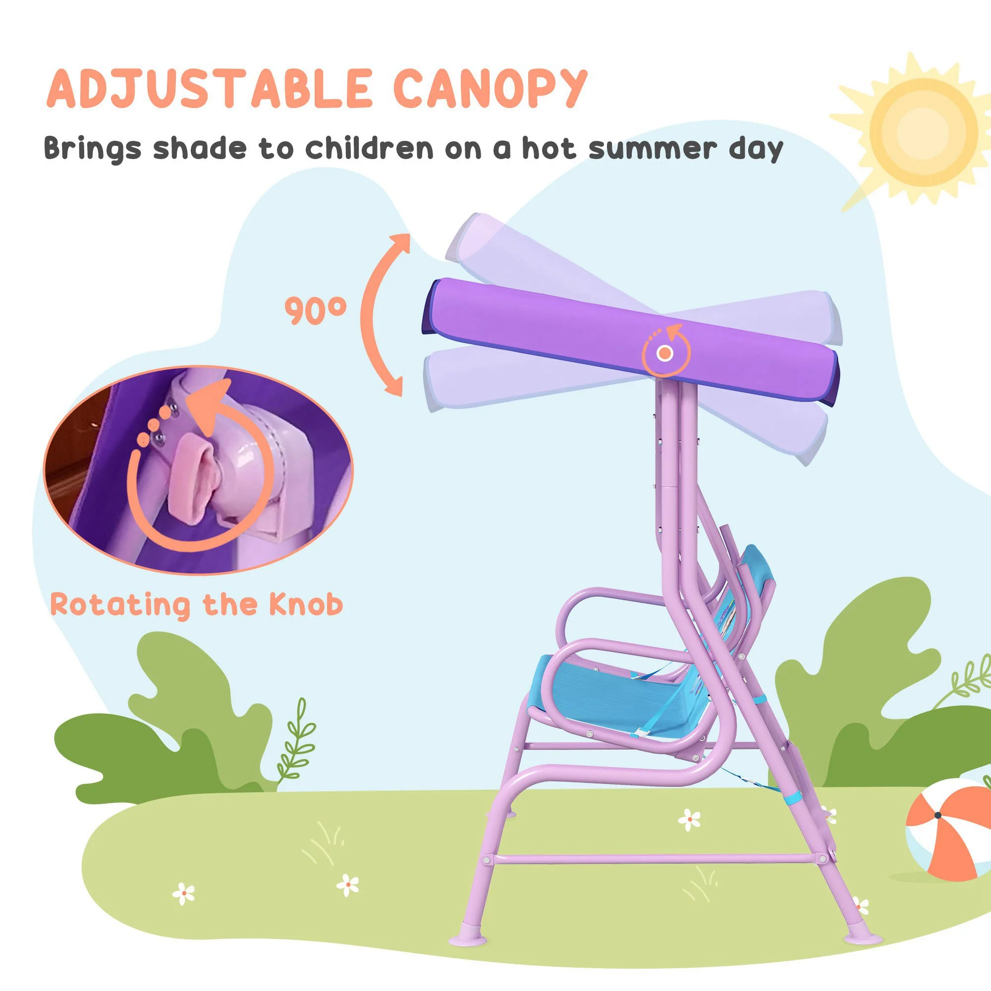 Outsunny 2 Seater Kids Swing Chair, Fairy-Themed with Adjustable Canopy - Image 4