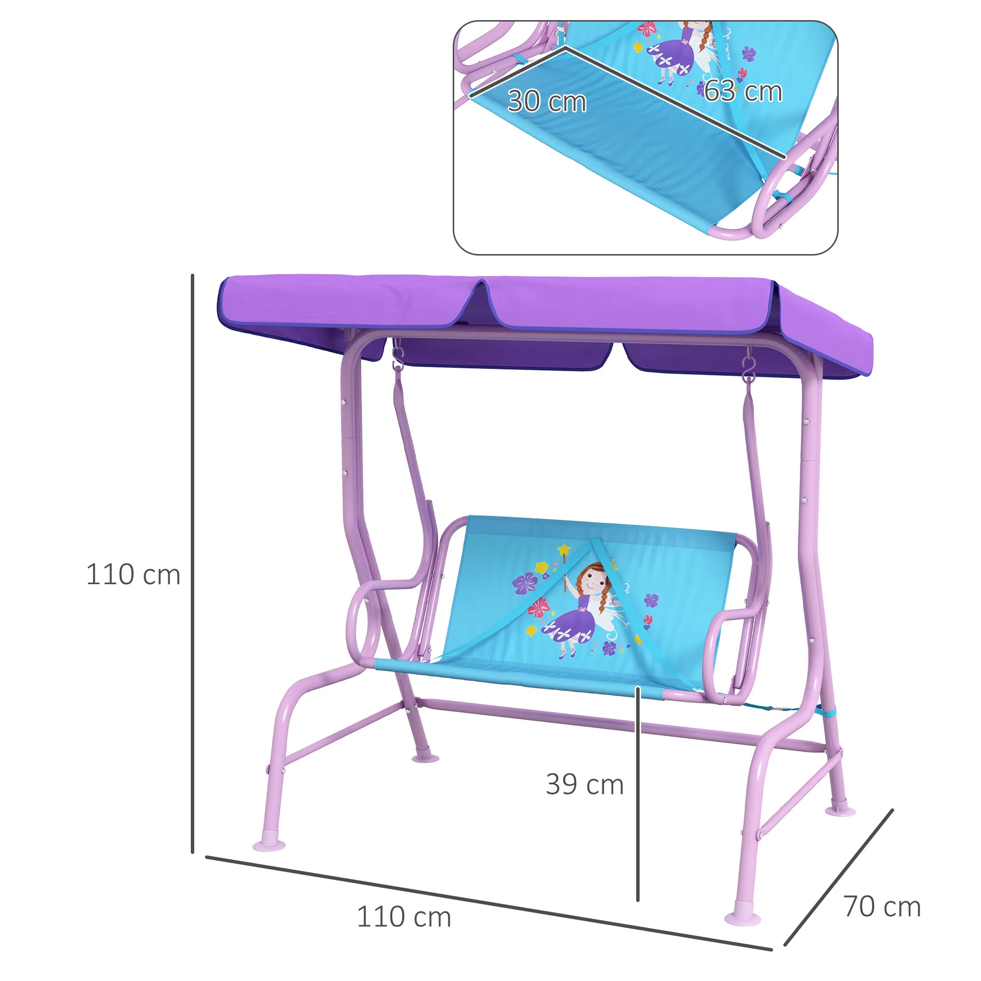 Outsunny 2 Seater Kids Swing Chair, Fairy-Themed with Adjustable Canopy - Image 5