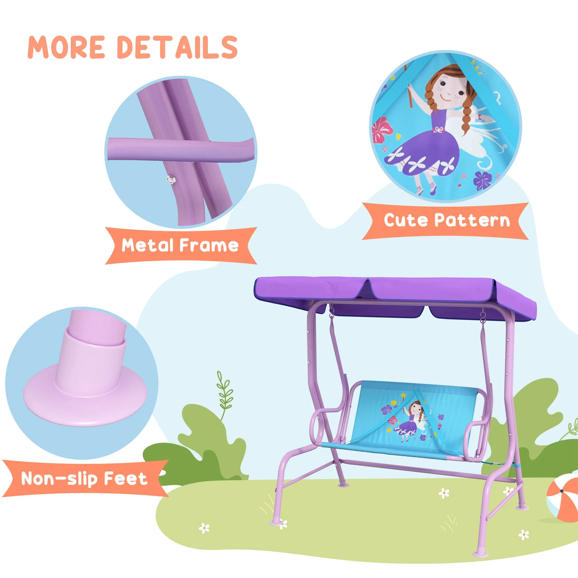 Outsunny 2 Seater Kids Swing Chair, Fairy-Themed with Adjustable Canopy - Image 6