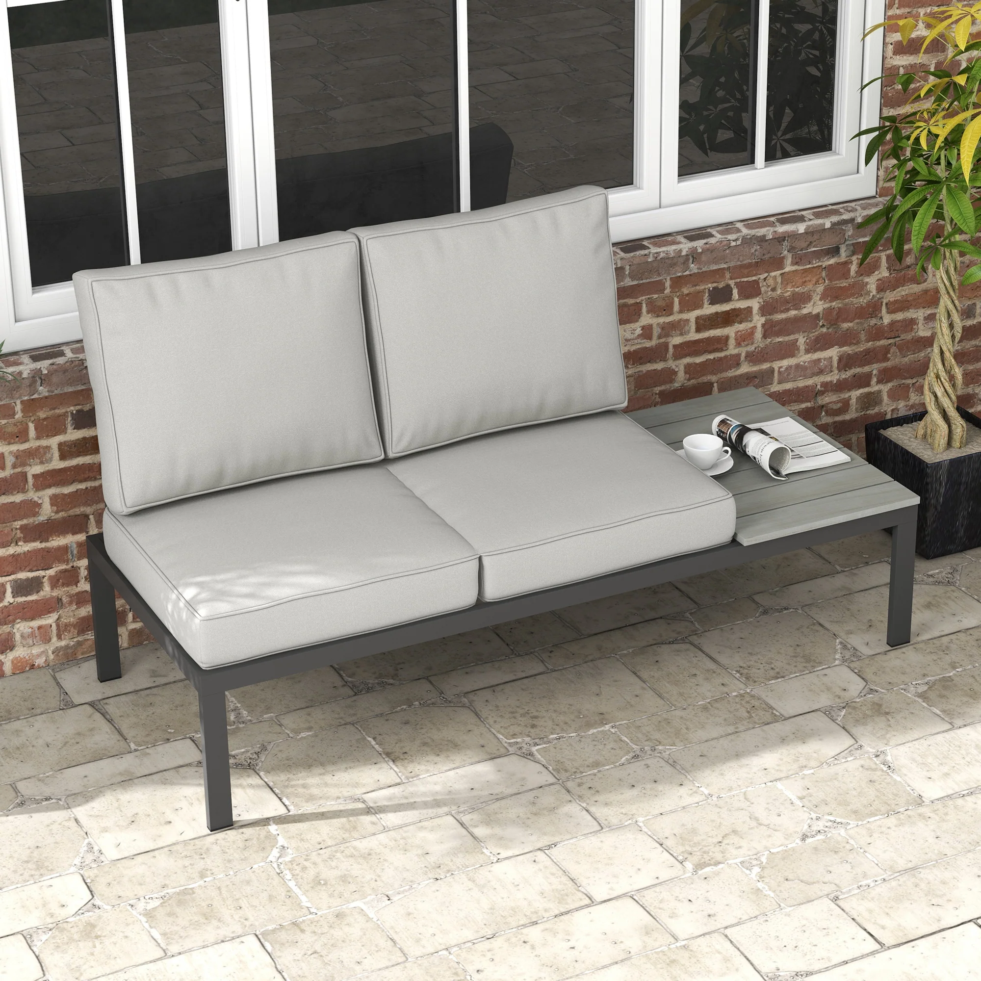 Outsunny 2 Seater Outdoor Seat Cushion with Back, for Garden, Light Grey - Image 2