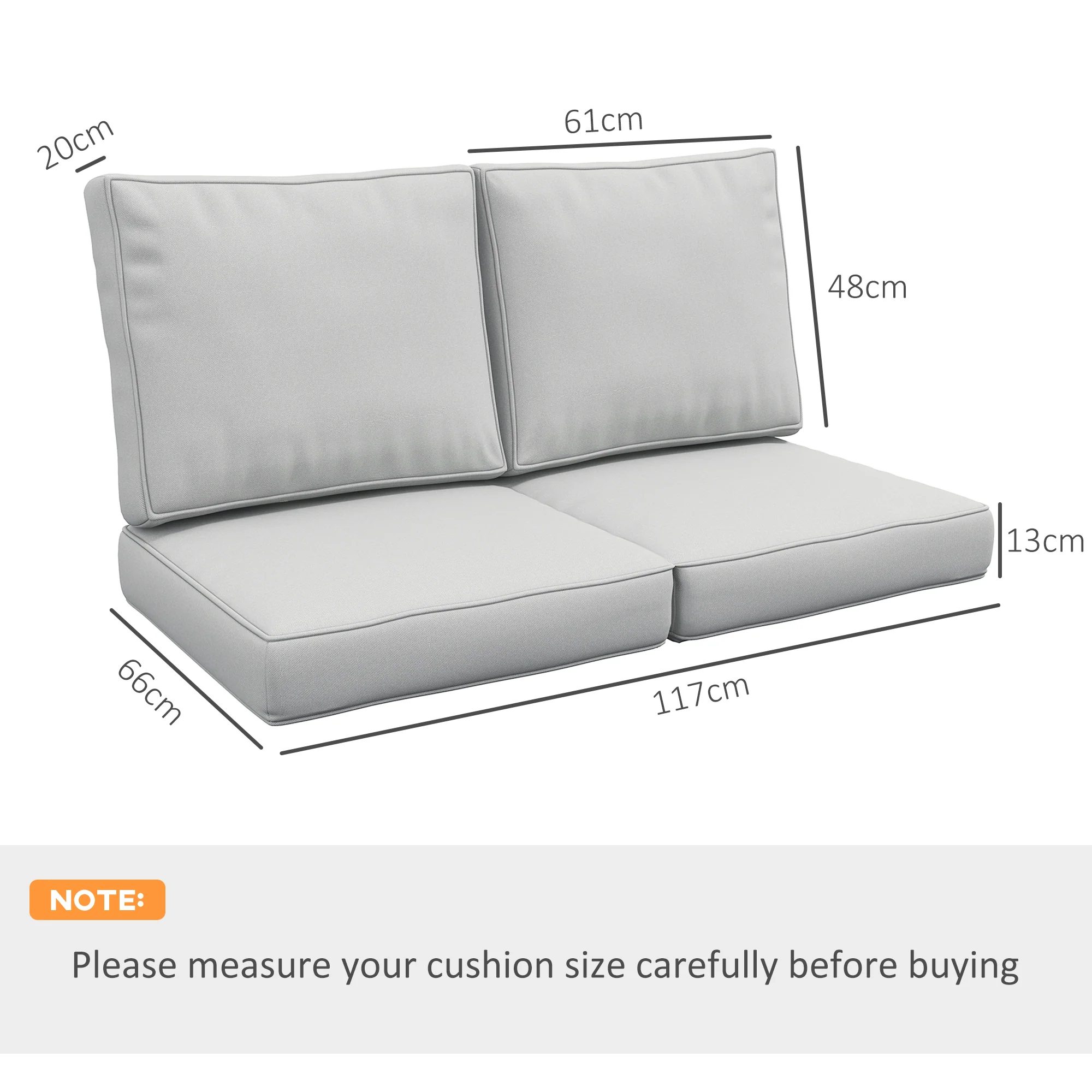 Outsunny 2 Seater Outdoor Seat Cushion with Back, for Garden, Light Grey - Image 5