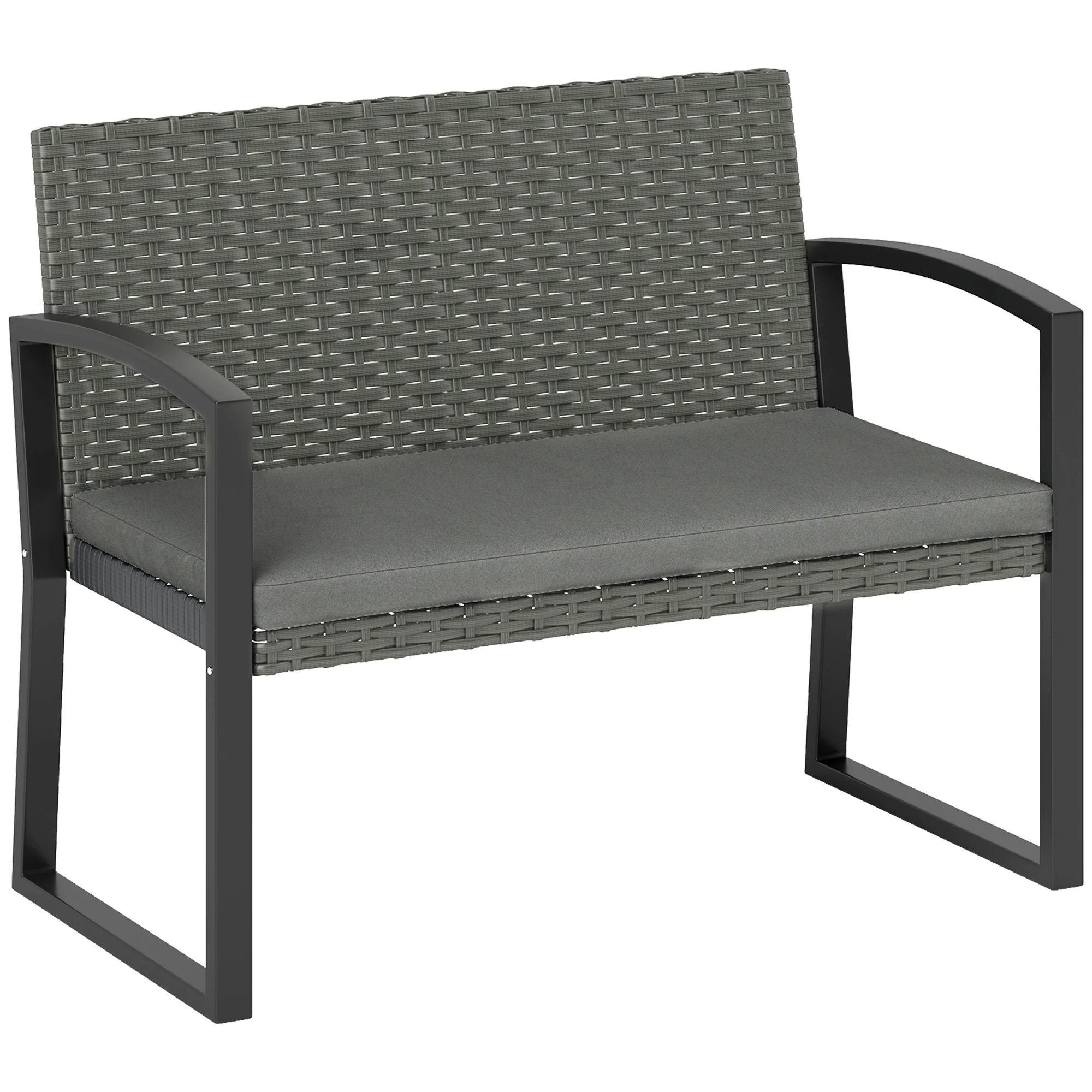 Outsunny 2 Seater Rattan Garden Bench With Cushion, Steel Frame, Dark Grey - Image 10