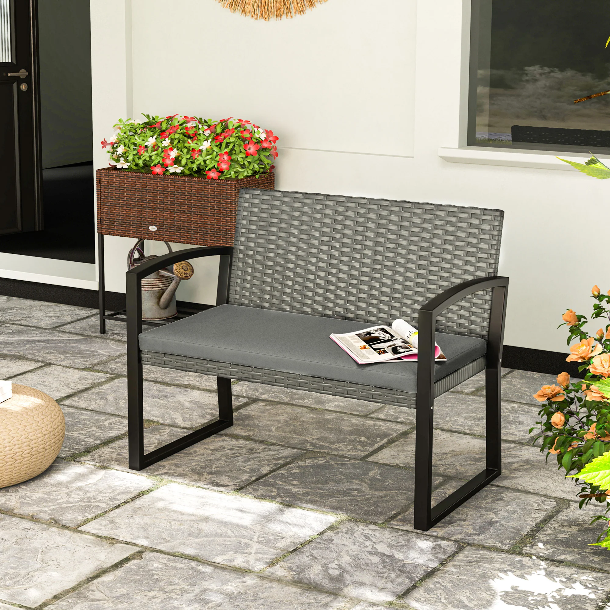 Outsunny 2 Seater Rattan Garden Bench With Cushion, Steel Frame, Dark Grey - Image 11