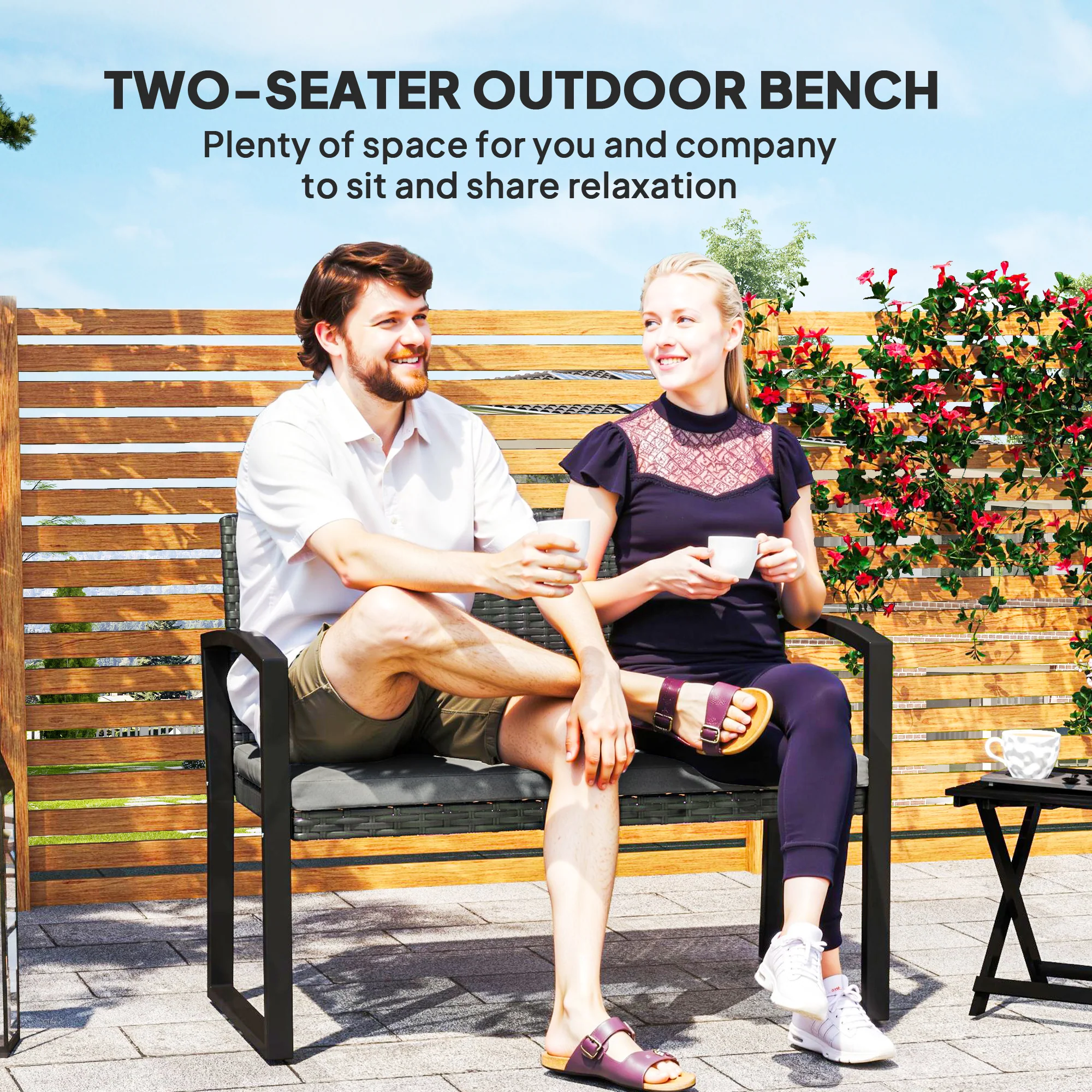 Outsunny 2 Seater Rattan Garden Bench With Cushion, Steel Frame, Dark Grey - Image 12
