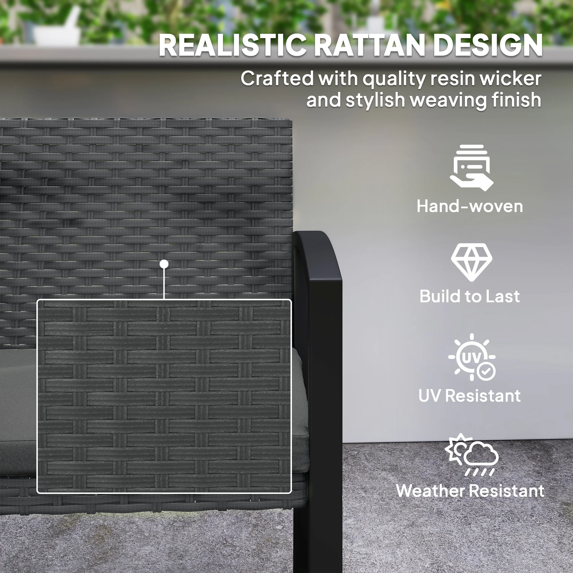 Outsunny 2 Seater Rattan Garden Bench With Cushion, Steel Frame, Dark Grey - Image 13