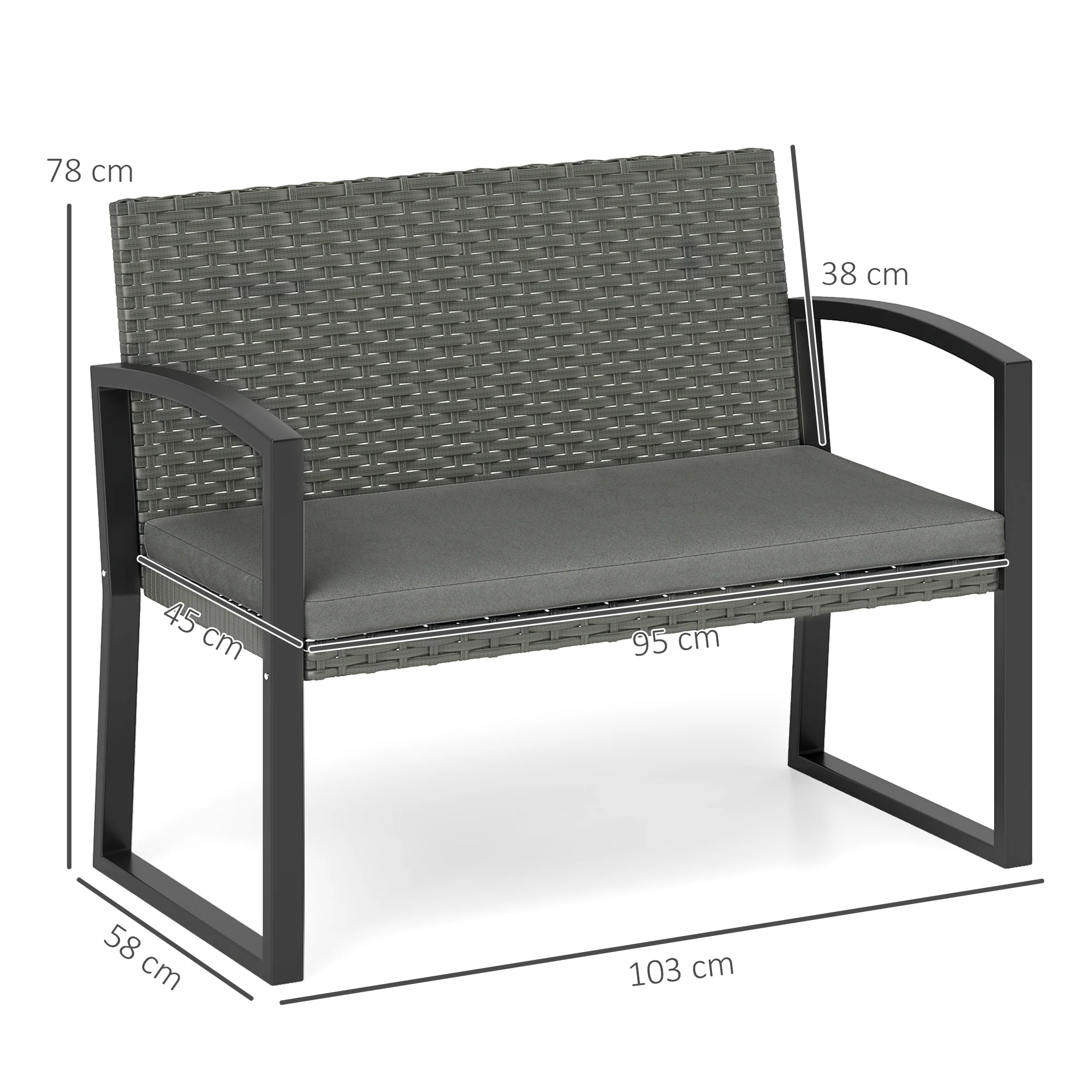Outsunny 2 Seater Rattan Garden Bench With Cushion, Steel Frame, Dark Grey - Image 14