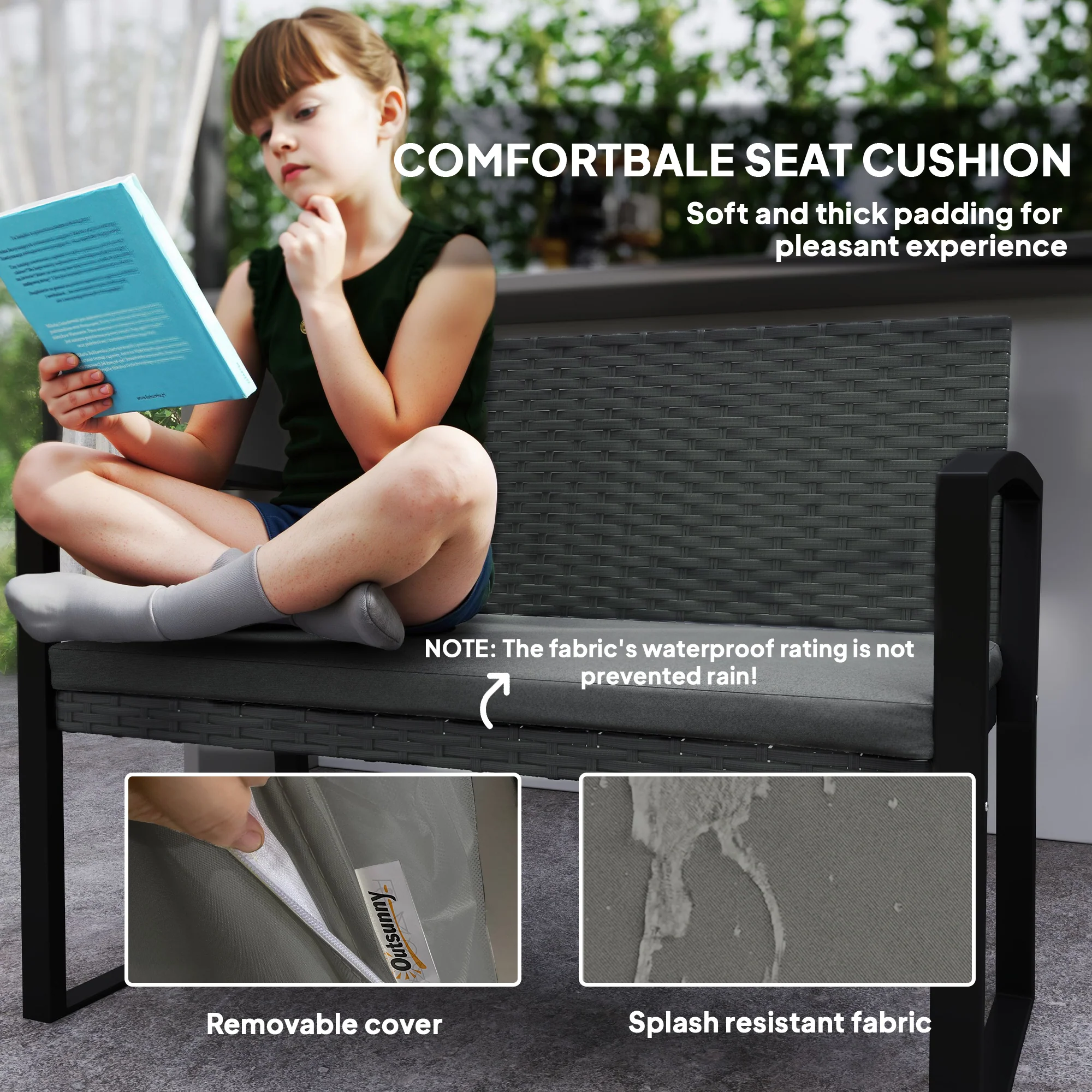 Outsunny 2 Seater Rattan Garden Bench With Cushion, Steel Frame, Dark Grey - Image 15