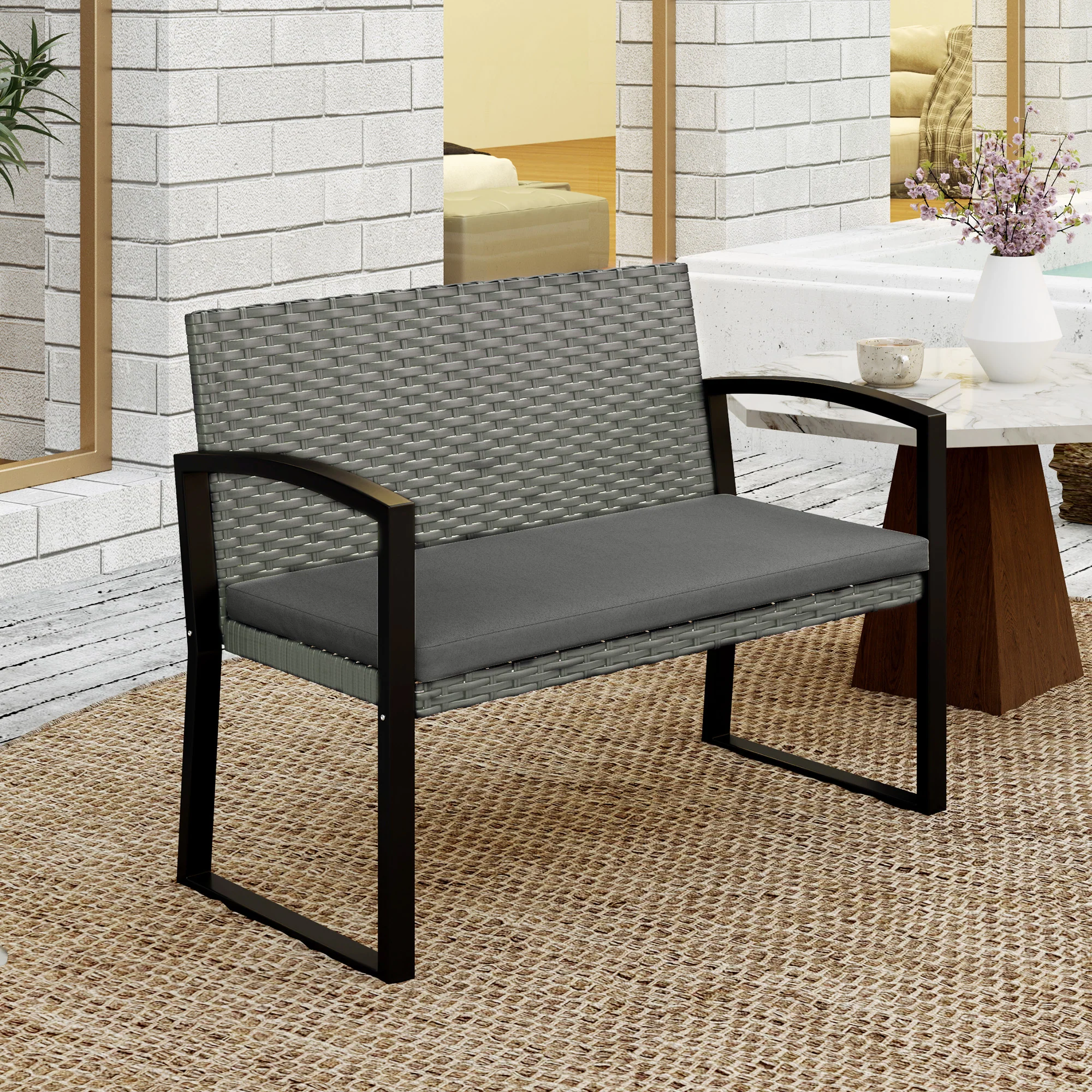 Outsunny 2 Seater Rattan Garden Bench With Cushion, Steel Frame, Dark Grey - Image 16