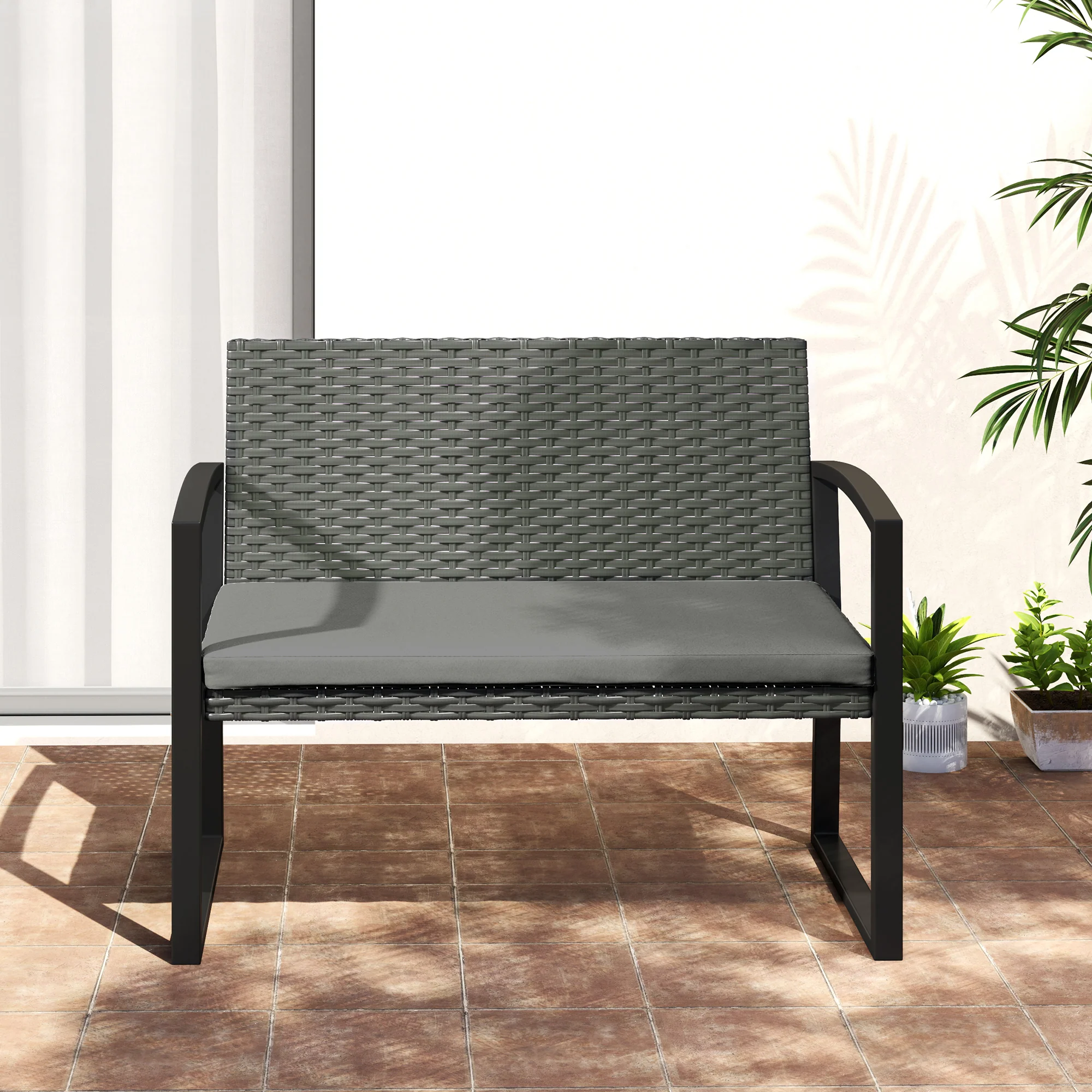 Outsunny 2 Seater Rattan Garden Bench With Cushion, Steel Frame, Dark Grey - Image 17