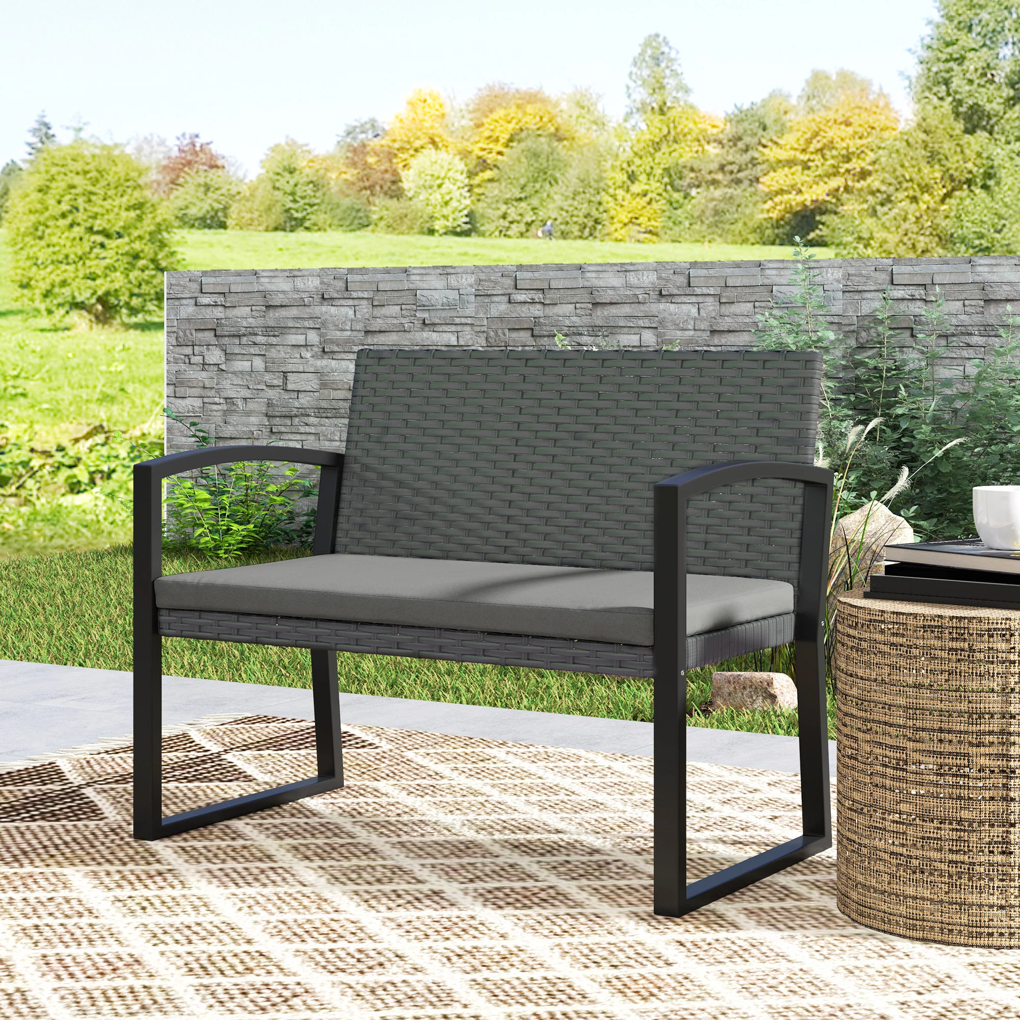 Outsunny 2 Seater Rattan Garden Bench With Cushion, Steel Frame, Dark Grey - Image 18