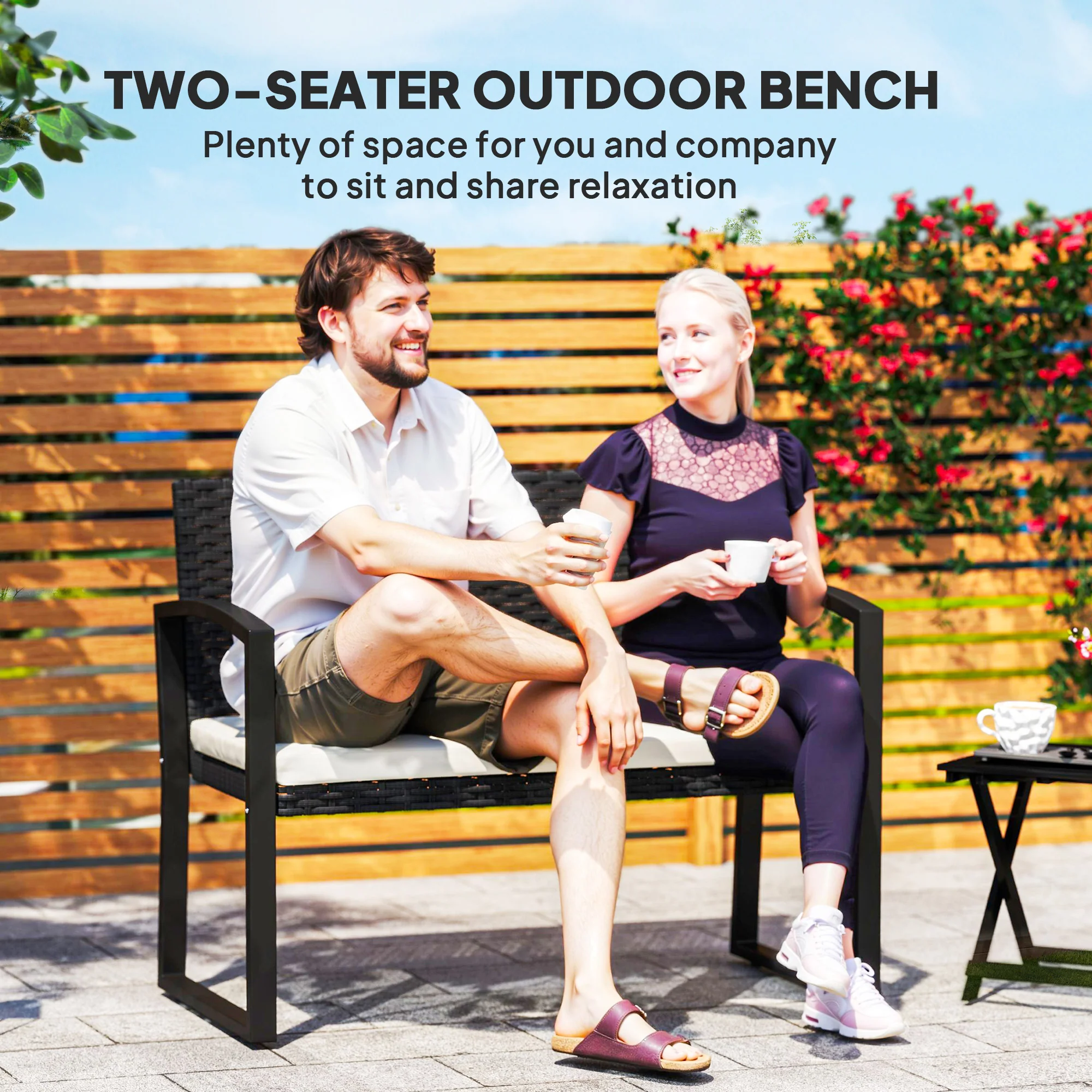 Outsunny 2 Seater Rattan Garden Bench With Cushion, Steel Frame, Dark Grey - Image 3