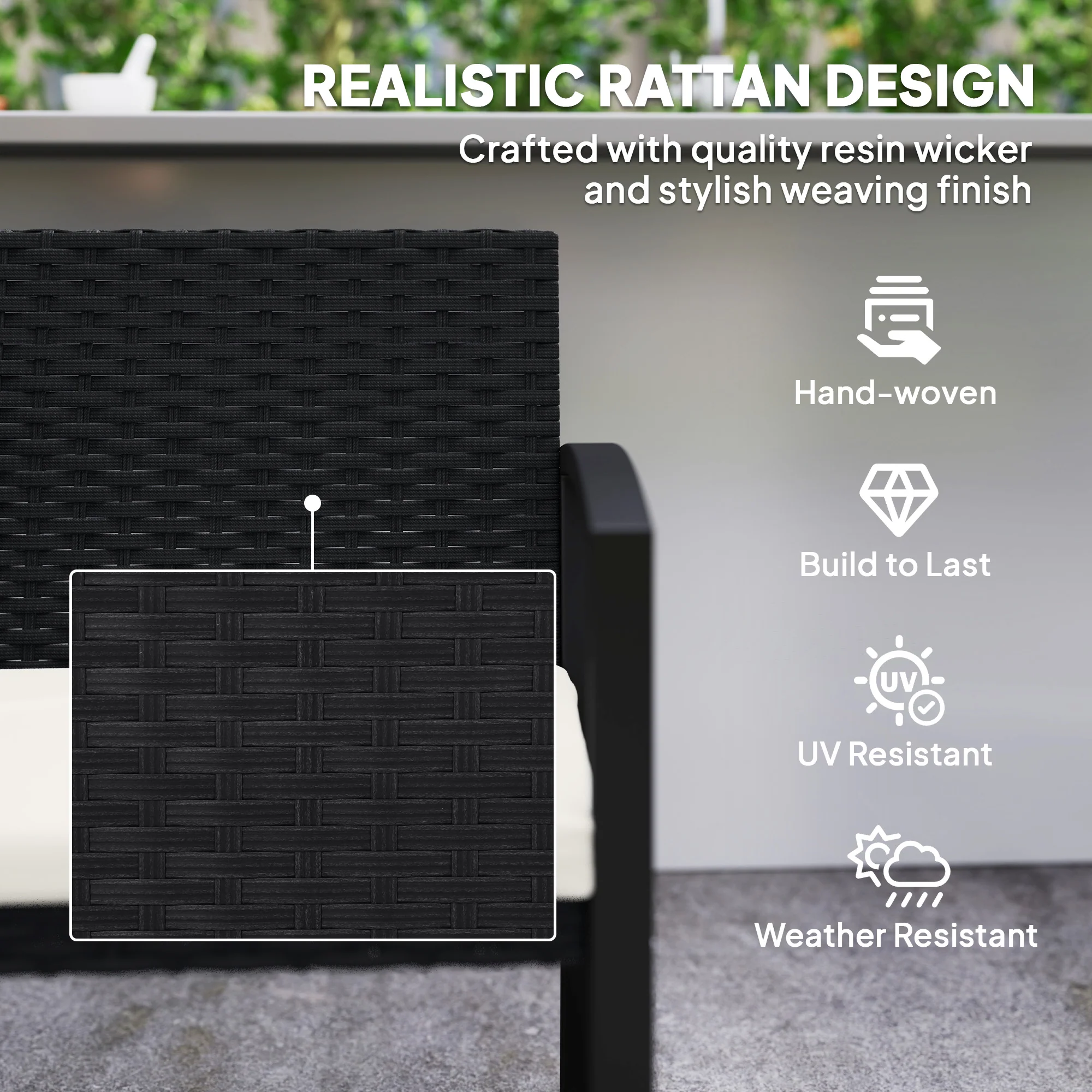 Outsunny 2 Seater Rattan Garden Bench With Cushion, Steel Frame, Dark Grey - Image 4