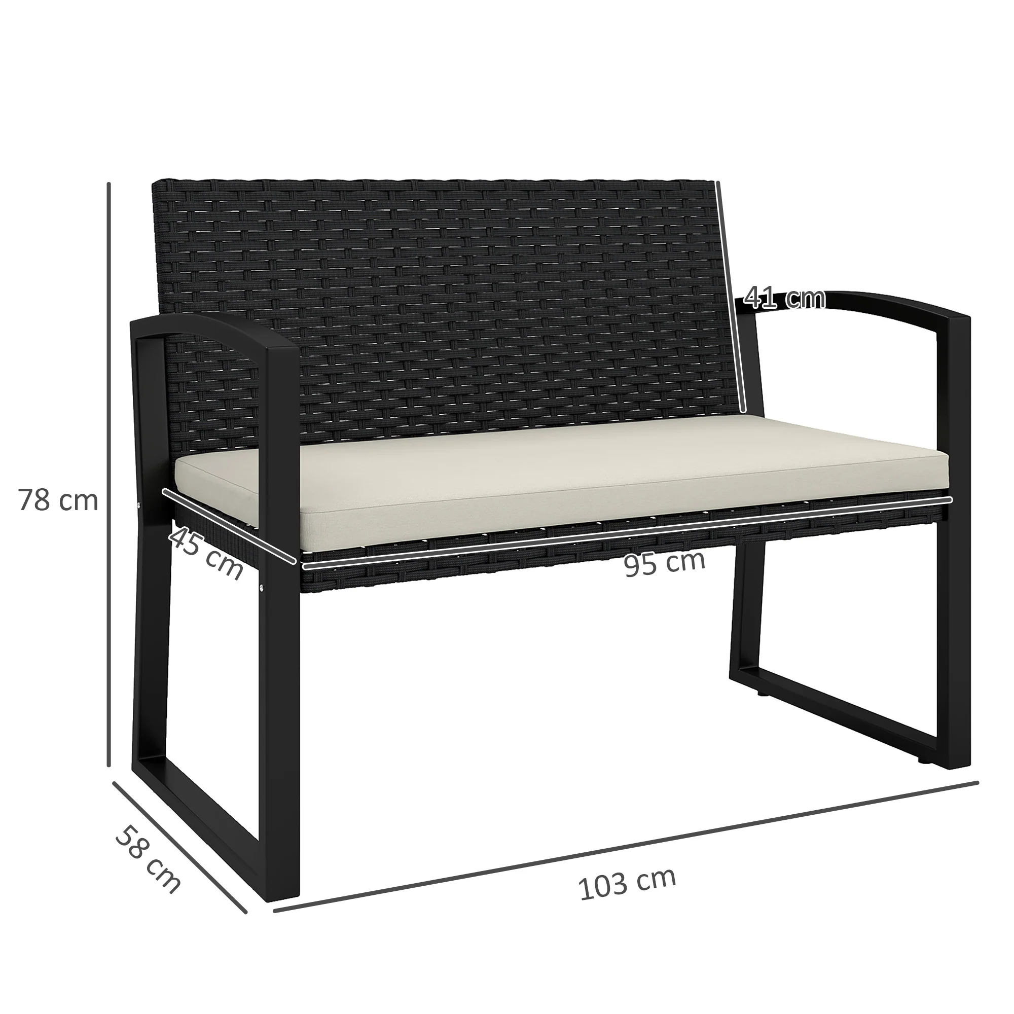 Outsunny 2 Seater Rattan Garden Bench With Cushion, Steel Frame, Dark Grey - Image 5
