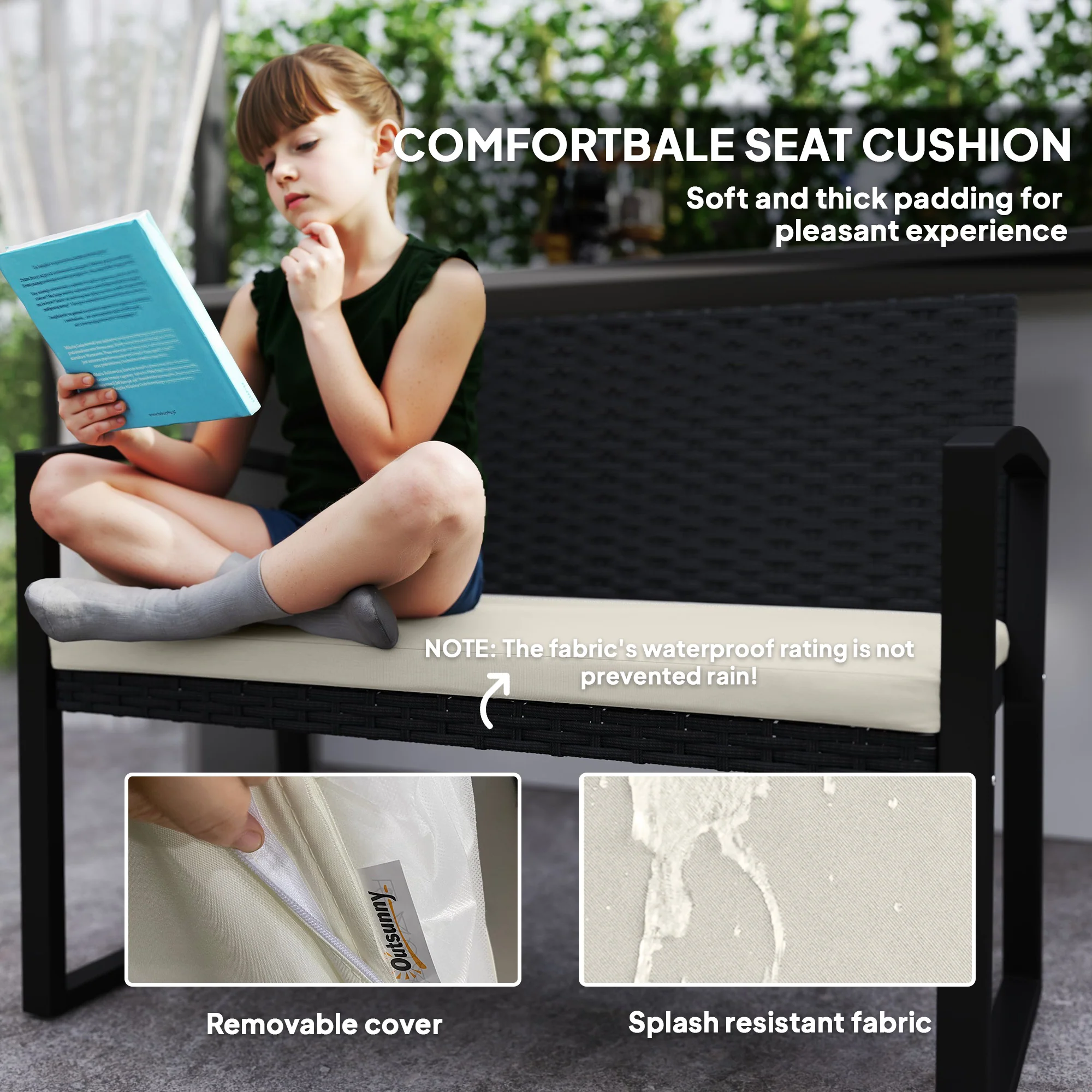 Outsunny 2 Seater Rattan Garden Bench With Cushion, Steel Frame, Dark Grey - Image 6