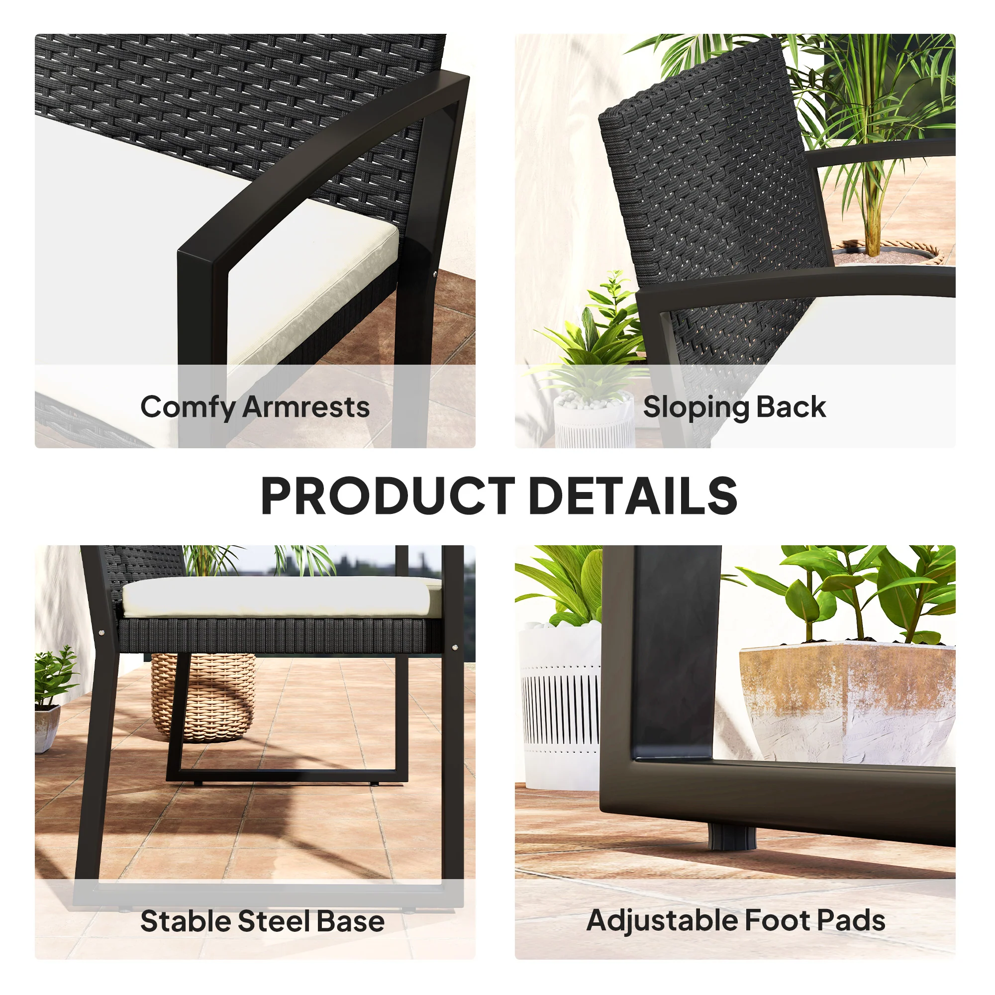 Outsunny 2 Seater Rattan Garden Bench With Cushion, Steel Frame, Dark Grey - Image 7