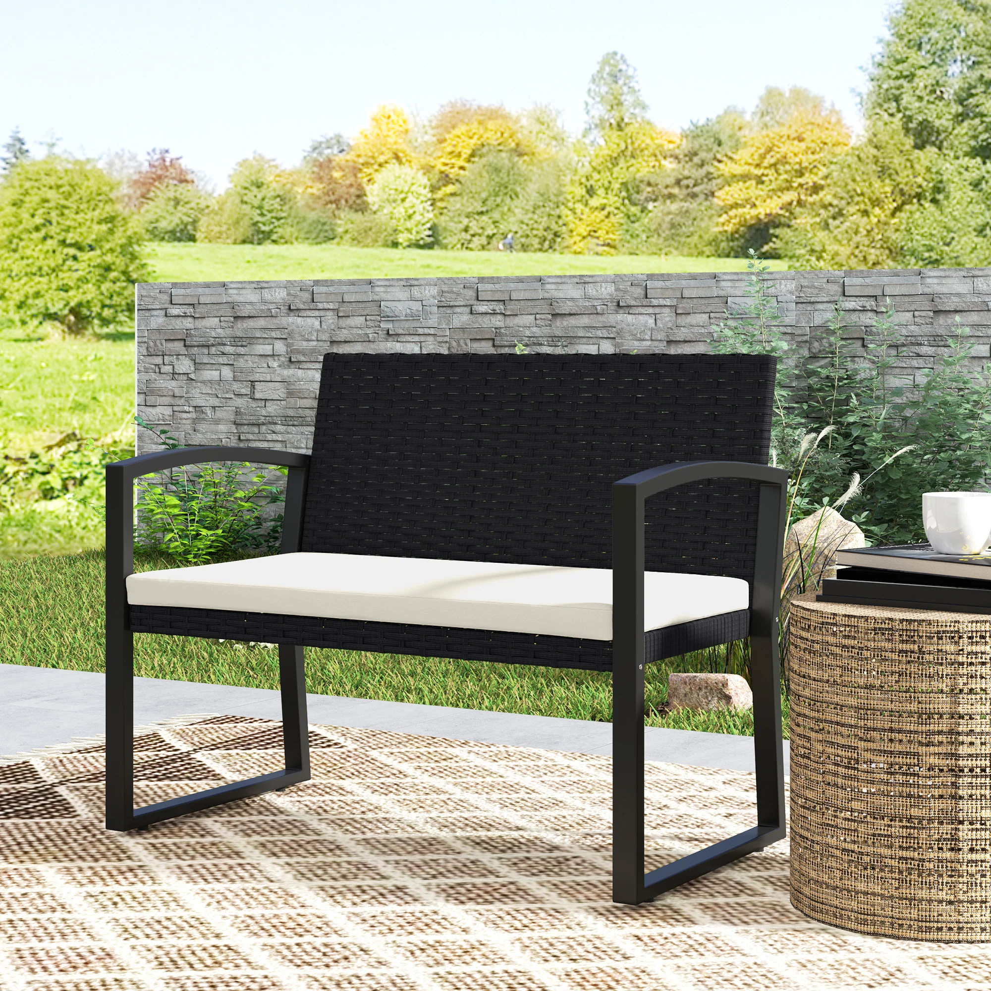 Outsunny 2 Seater Rattan Garden Bench With Cushion, Steel Frame, Dark Grey - Image 8