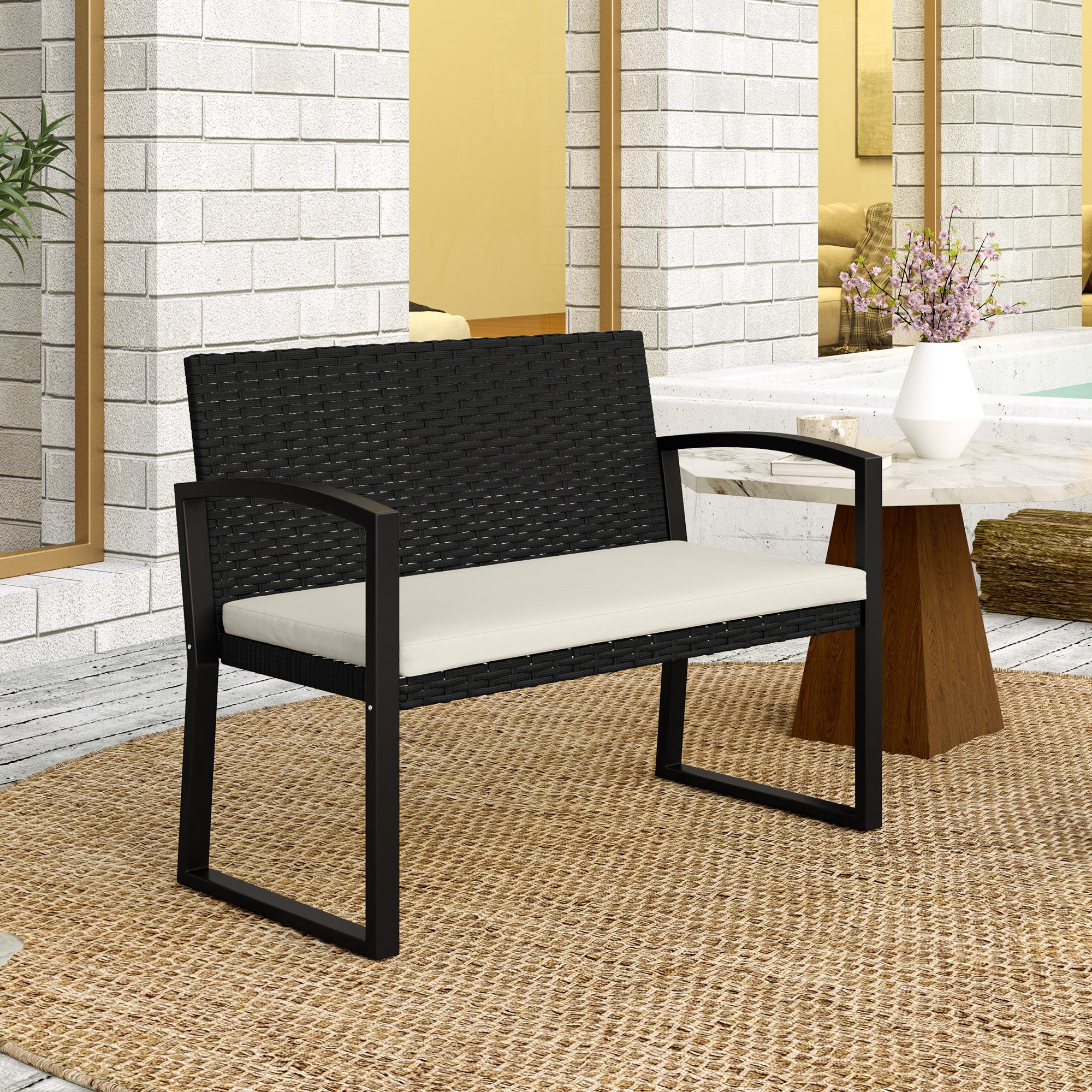 Outsunny 2 Seater Rattan Garden Bench With Cushion, Steel Frame, Dark Grey - Image 9