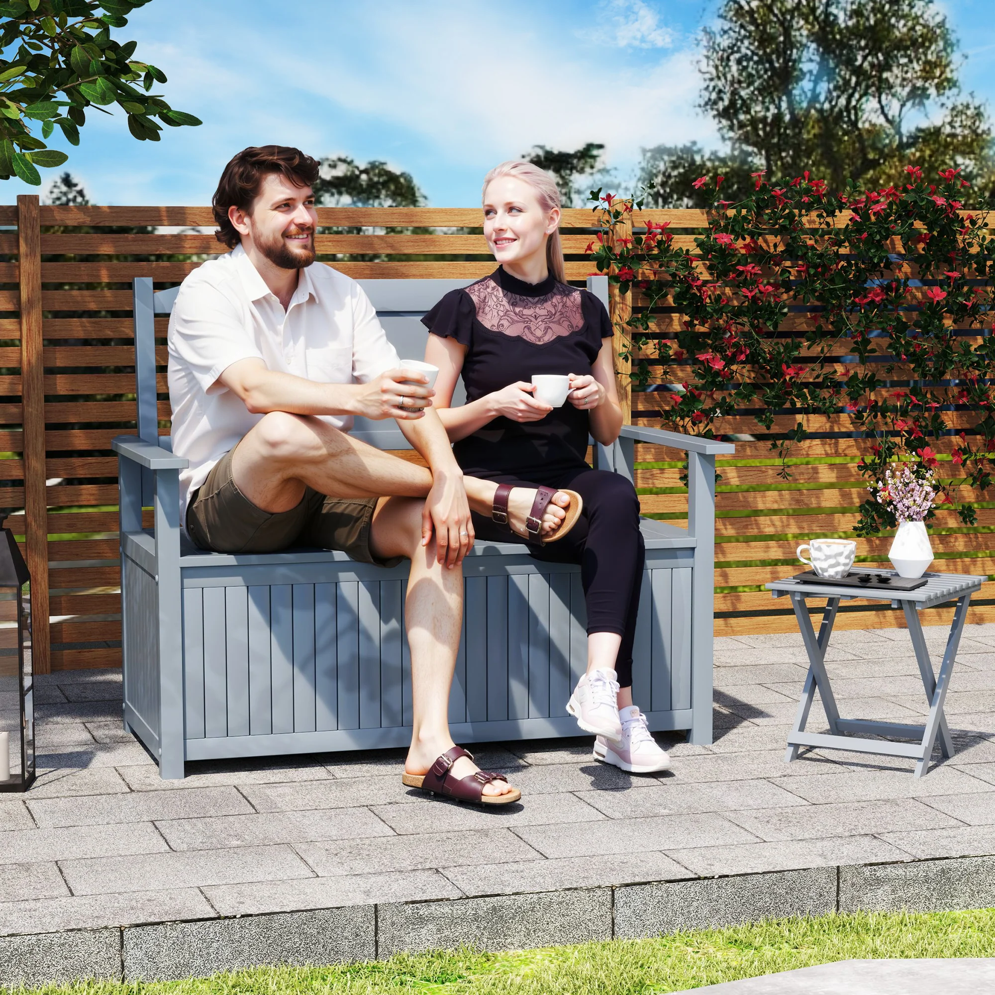 Outsunny 2 Seater Wood Garden Storage Bench Outdoor Storage Box Grey - Image 2