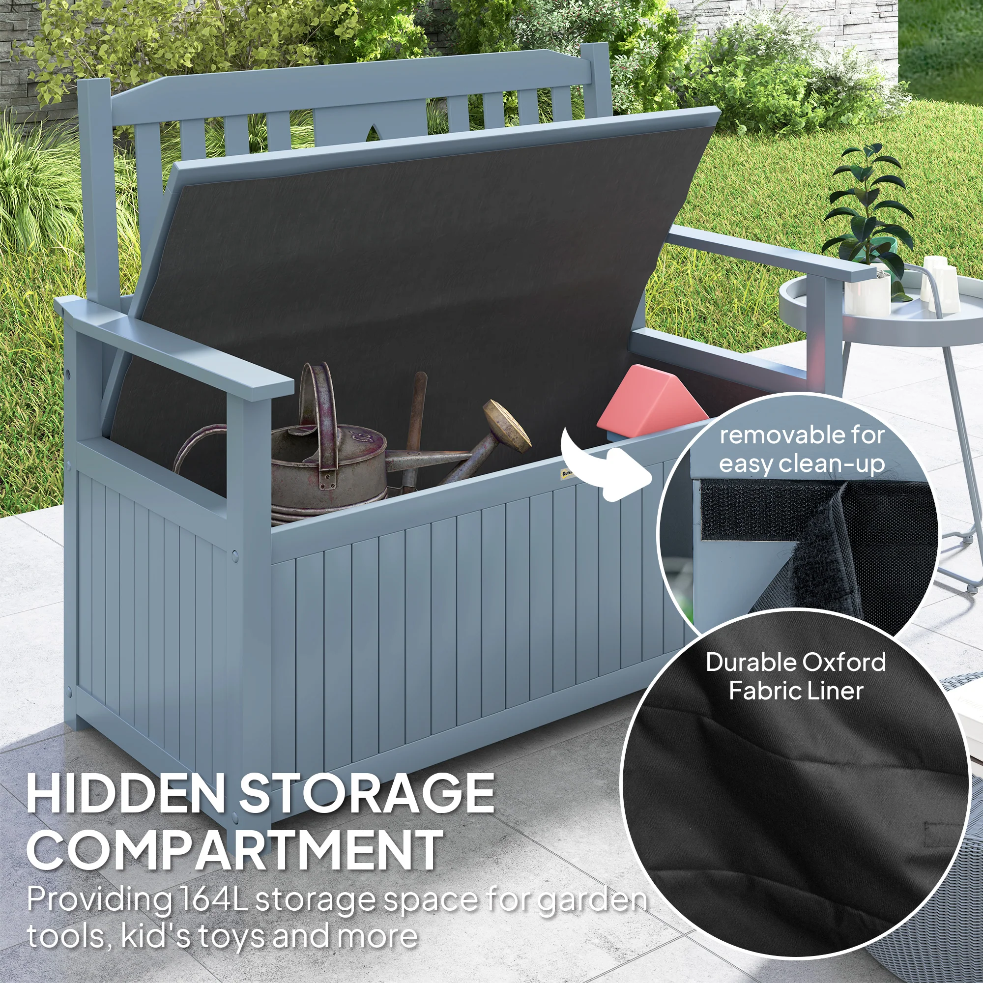 Outsunny 2 Seater Wood Garden Storage Bench Outdoor Storage Box Grey - Image 4