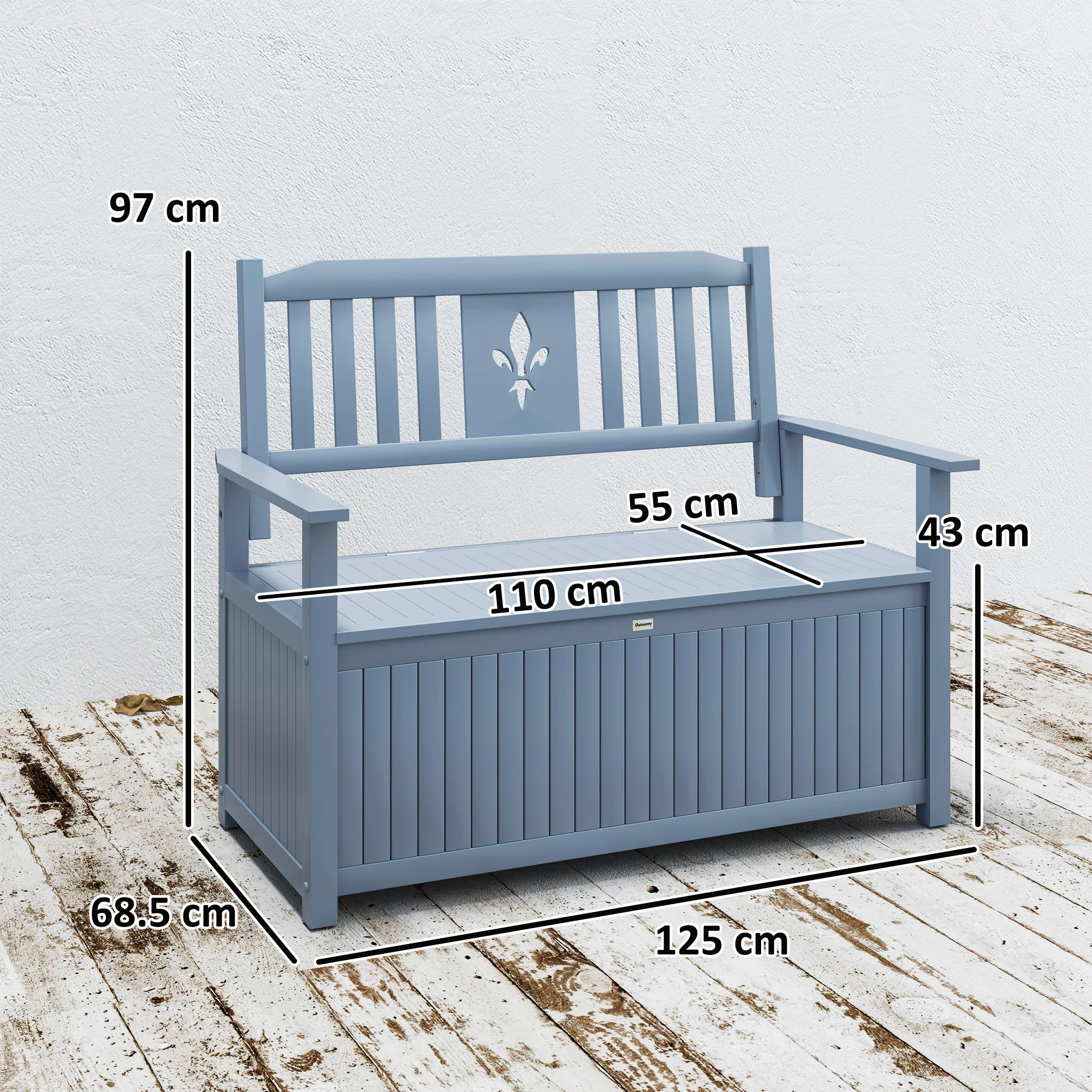 Outsunny 2 Seater Wood Garden Storage Bench Outdoor Storage Box Grey - Image 5